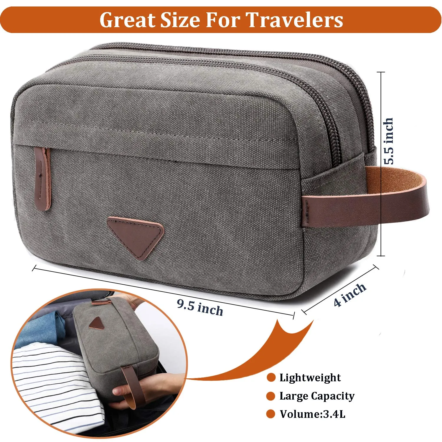 Mactso Mens Travel Toiletry Bag Canvas Leather Cosmetic Makeup Organizer Shaving Dopp Kits with Double Compartments (Gray)