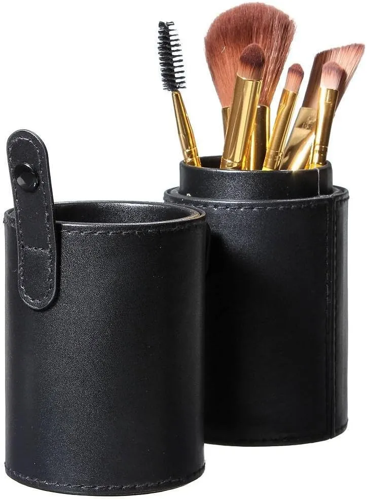 Makeup Brush Holder Organizer PU Leather Cosmetics Make Up Cup Storage Travel Case (Black)