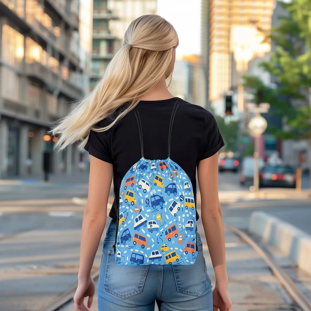 Manfei Cartoon Cars Waterproof Drawstrings Backpacks,Cute Bus Taxi Truck Graffiti Blue Bags for Shopping Travelling,Traffic Vehicles Geometric Lines Sackpacks Gym Swim Packs Daypack