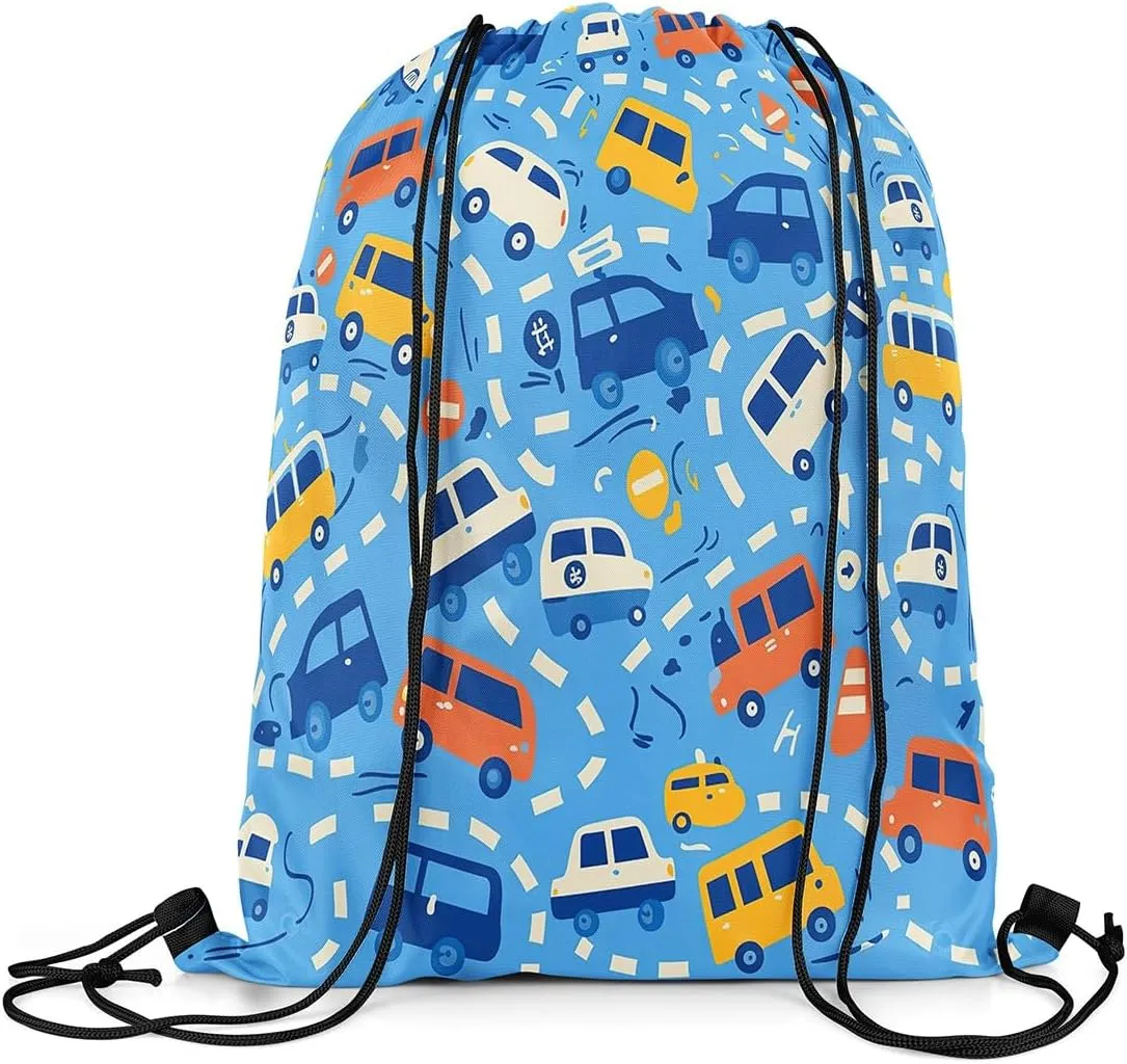 Manfei Cartoon Cars Waterproof Drawstrings Backpacks,Cute Bus Taxi Truck Graffiti Blue Bags for Shopping Travelling,Traffic Vehicles Geometric Lines Sackpacks Gym Swim Packs Daypack