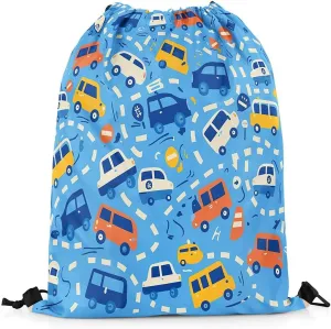 Manfei Cartoon Cars Waterproof Drawstrings Backpacks,Cute Bus Taxi Truck Graffiti Blue Bags for Shopping Travelling,Traffic Vehicles Geometric Lines Sackpacks Gym Swim Packs Daypack