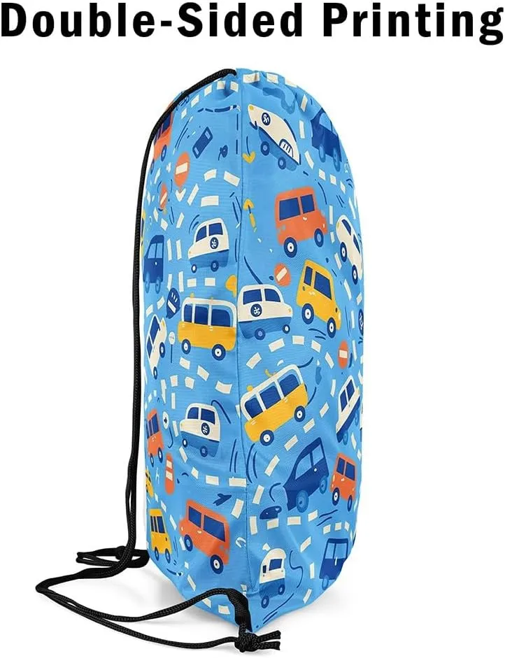 Manfei Cartoon Cars Waterproof Drawstrings Backpacks,Cute Bus Taxi Truck Graffiti Blue Bags for Shopping Travelling,Traffic Vehicles Geometric Lines Sackpacks Gym Swim Packs Daypack