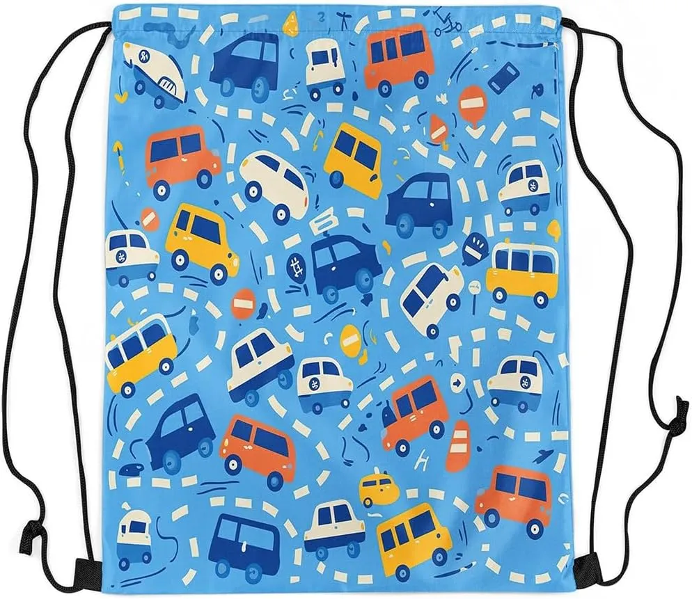 Manfei Cartoon Cars Waterproof Drawstrings Backpacks,Cute Bus Taxi Truck Graffiti Blue Bags for Shopping Travelling,Traffic Vehicles Geometric Lines Sackpacks Gym Swim Packs Daypack