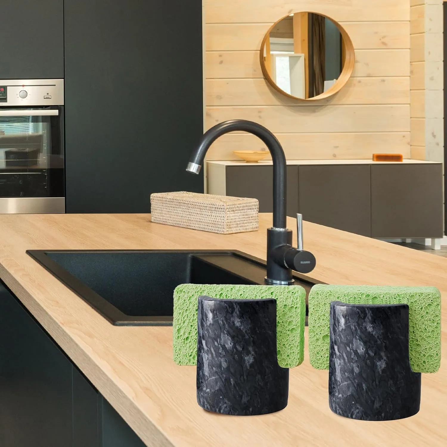 Marble Sponge Holder for Kitchen, Rustic Farmhouse Decor, Sink Sponge Caddy Black