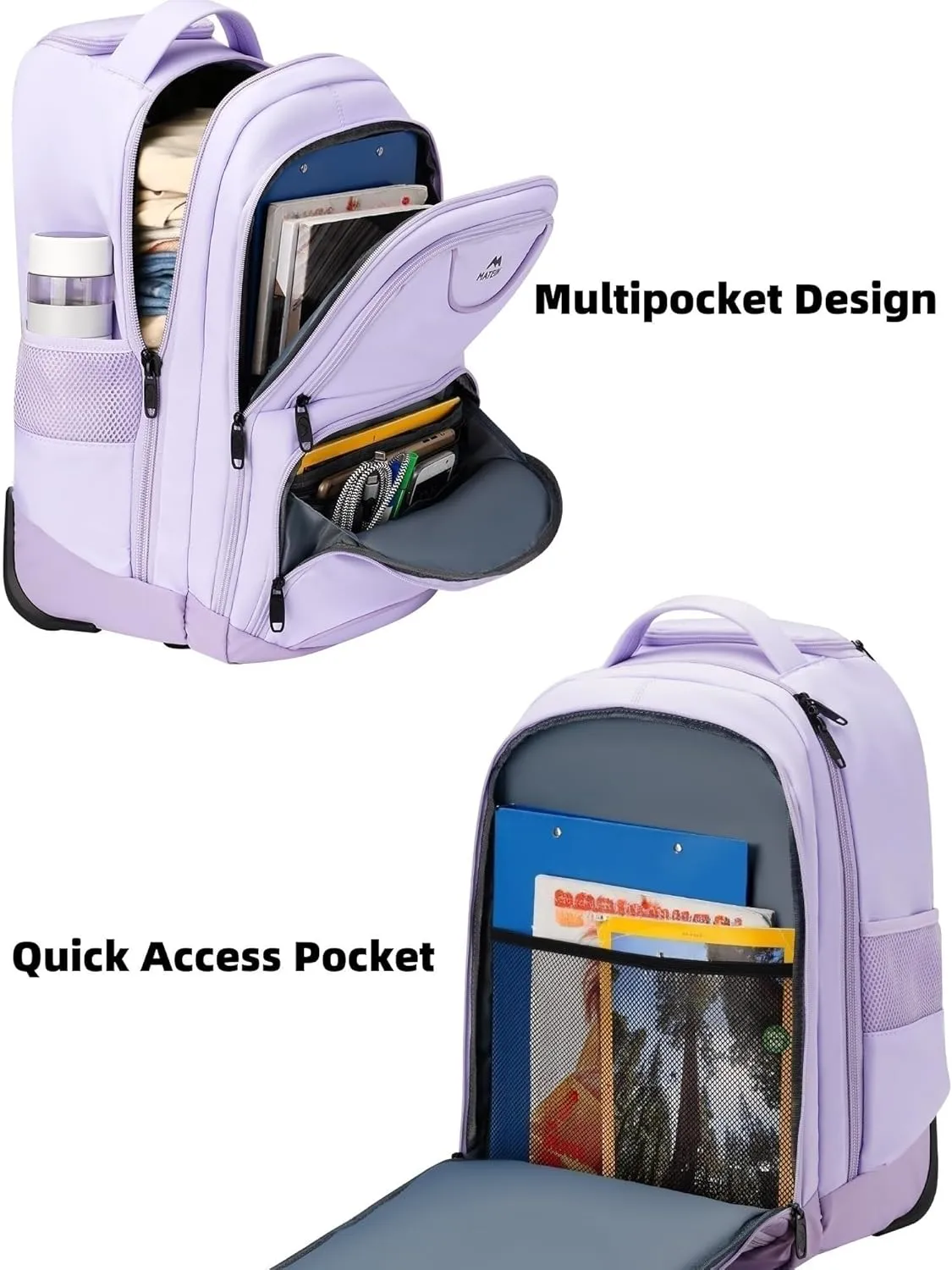 MATEIN Rolling Backpack for Women, 17 Inch Travel Laptop Backpacks with Wheels, Waterproof Large Roller Carry On Luggage Wheeled, Trolley Overnight Suitcase Business Computer Bag, Purple