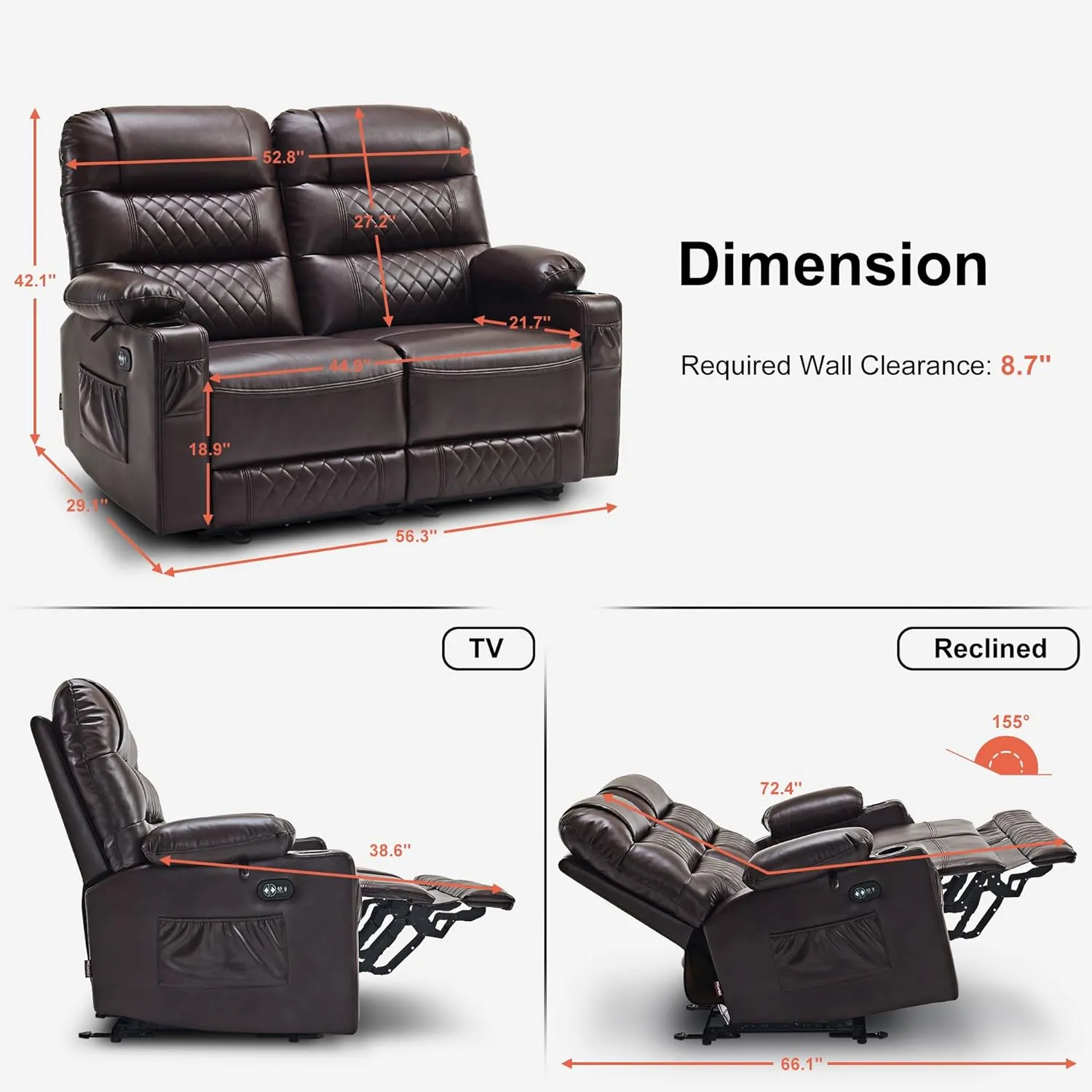 MCombo 56.3" Power Loveseat Recliner Sofa with Heat and Vibration, Cup Holders, USB Charge Port, Faux Leather Electric Reclining Sofa PR622Sets (Dark Brown, Loveseat)
