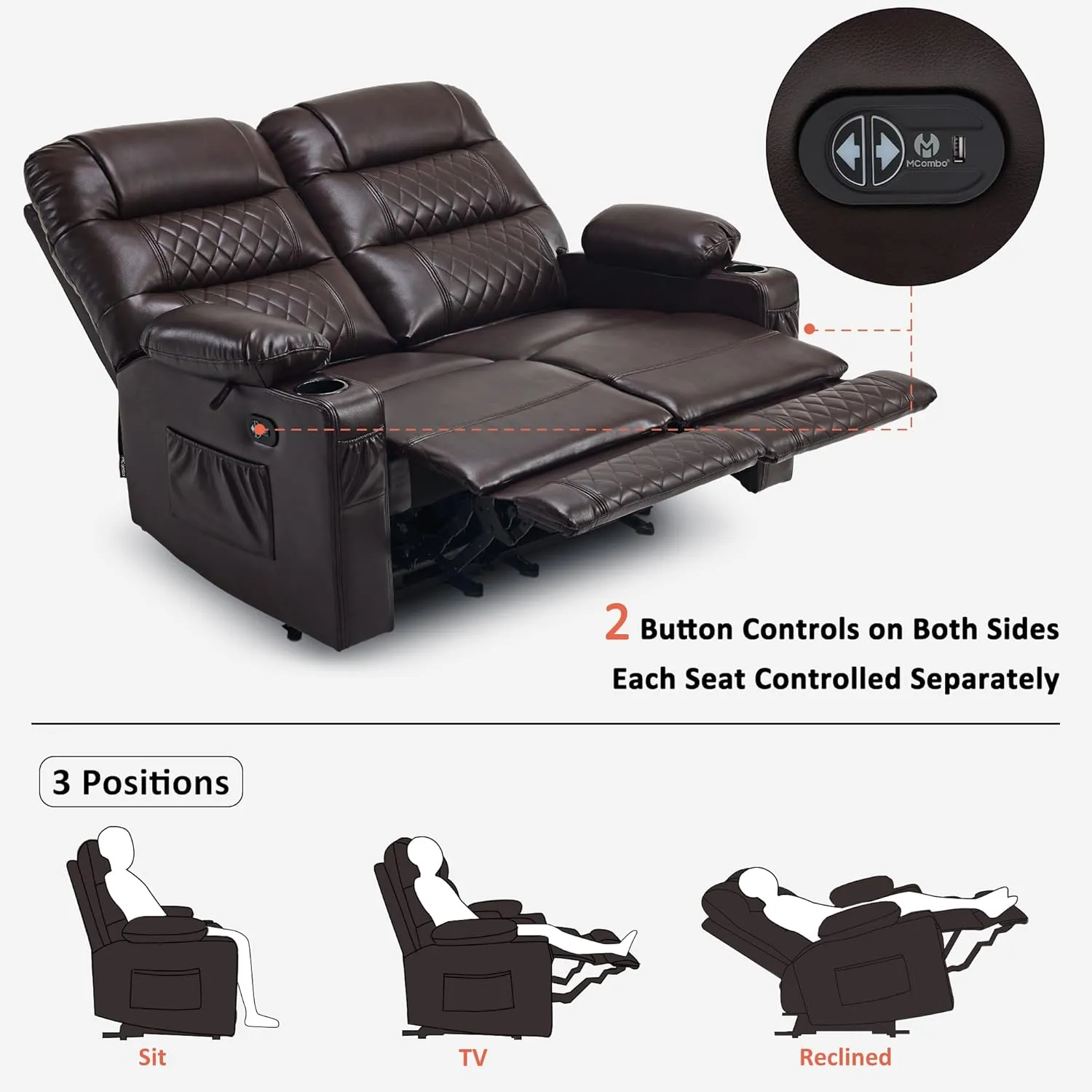 MCombo 56.3" Power Loveseat Recliner Sofa with Heat and Vibration, Cup Holders, USB Charge Port, Faux Leather Electric Reclining Sofa PR622Sets (Dark Brown, Loveseat)
