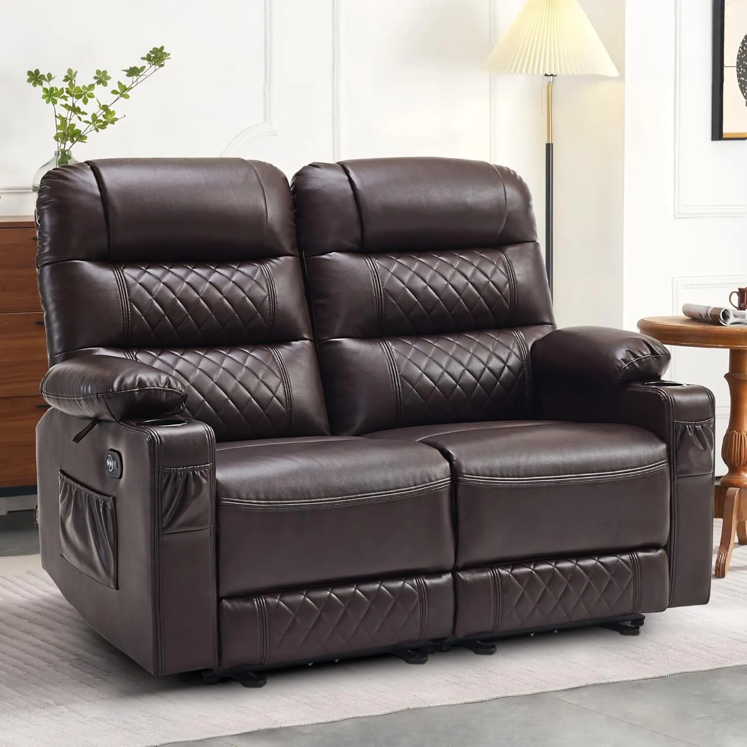 MCombo 56.3" Power Loveseat Recliner Sofa with Heat and Vibration, Cup Holders, USB Charge Port, Faux Leather Electric Reclining Sofa PR622Sets (Dark Brown, Loveseat)