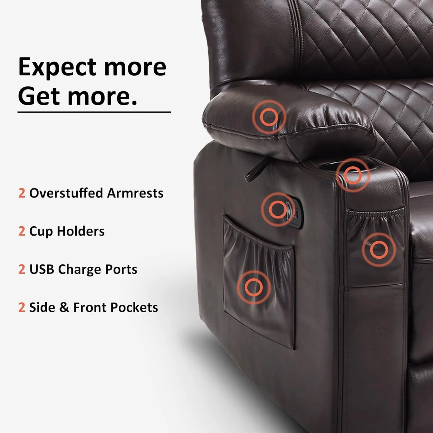 MCombo 56.3" Power Loveseat Recliner Sofa with Heat and Vibration, Cup Holders, USB Charge Port, Faux Leather Electric Reclining Sofa PR622Sets (Dark Brown, Loveseat)