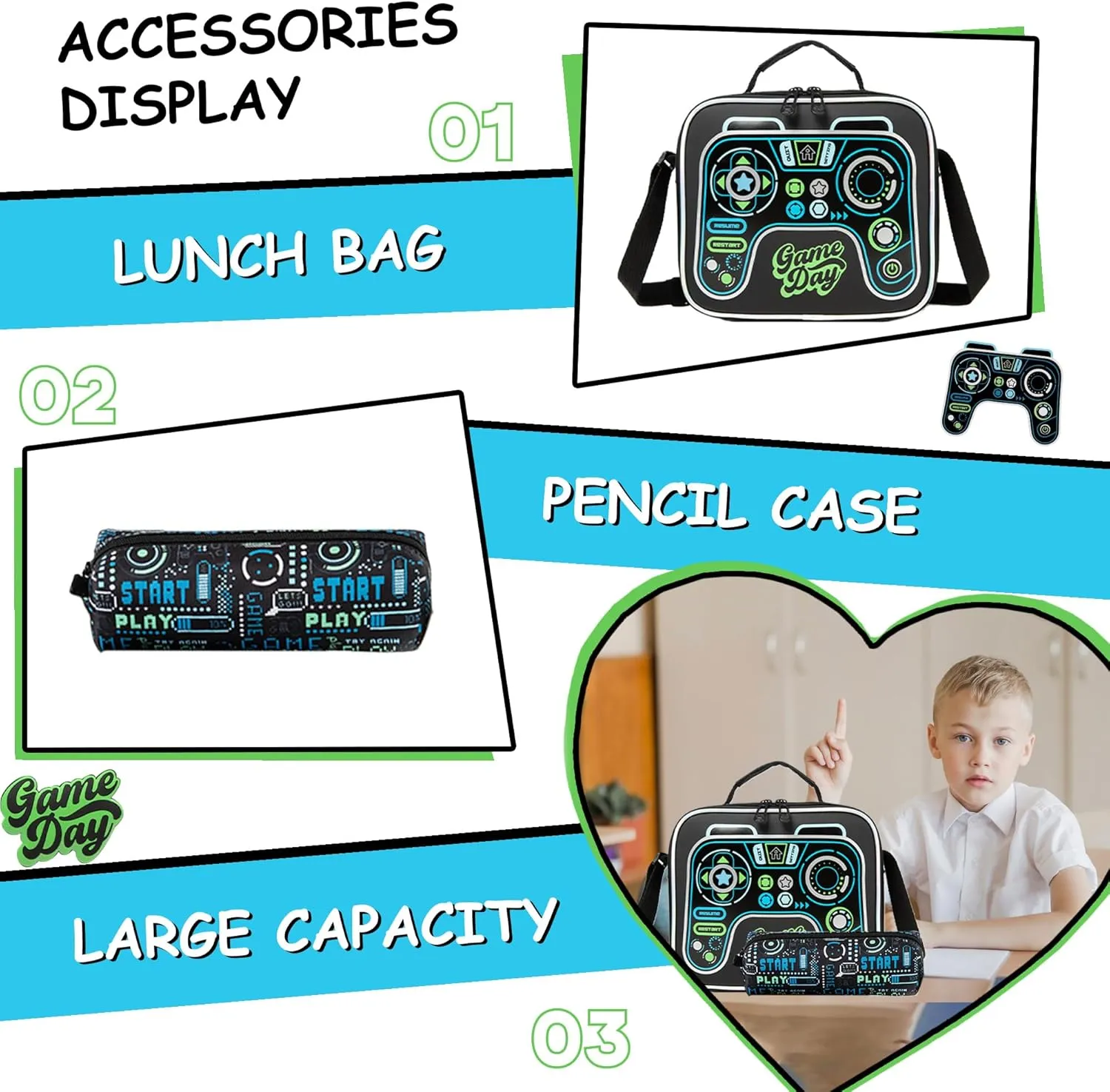 Meetbelify Backpacks for Boys School Backpacks for Elementary Students Ages 8-10 Kids Aesthetic Travel Backpack Laptop Bookbag with Lunch Box Pencil Case 3 in 1 Backpack Set for Boys