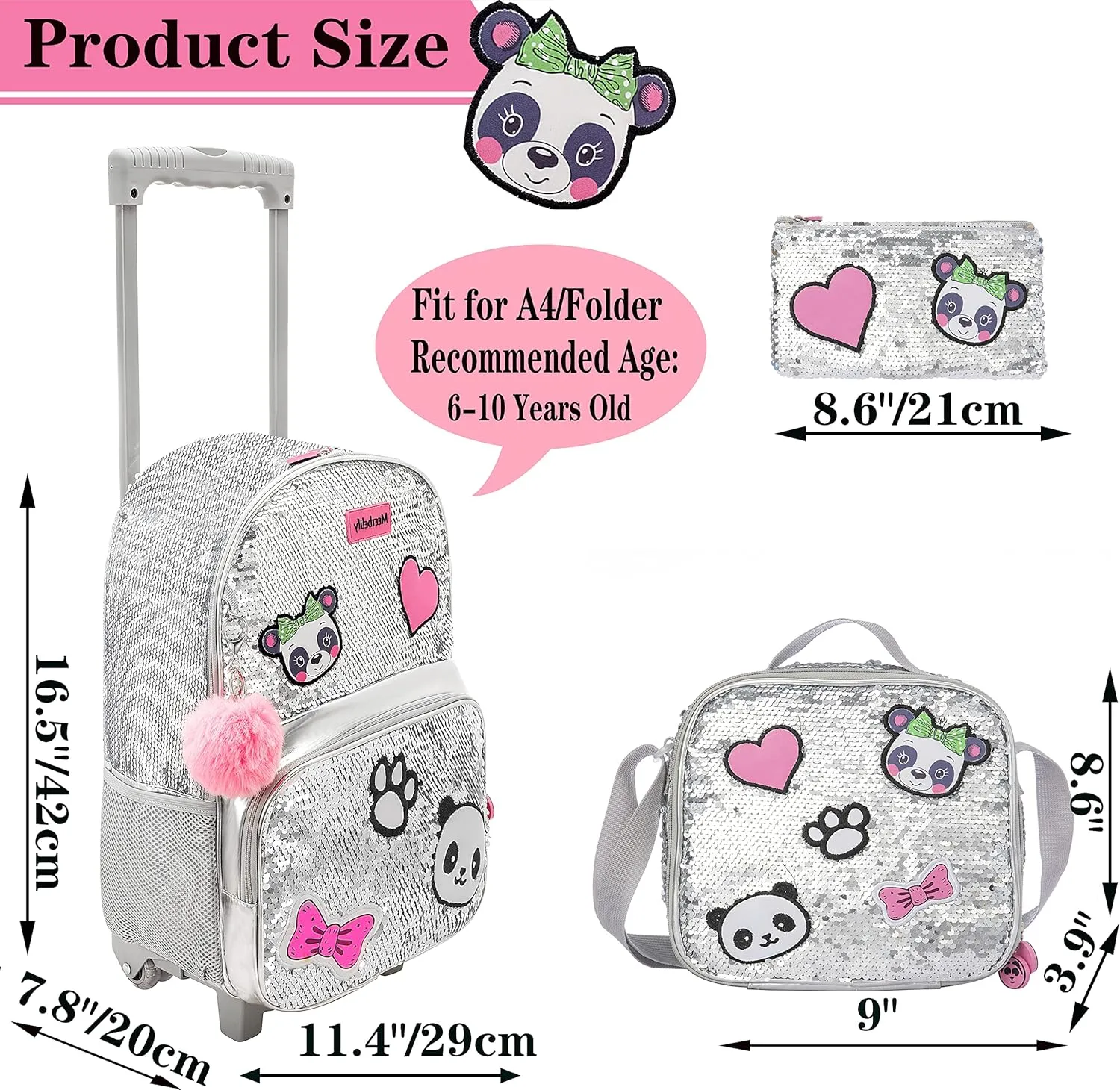 Meetbelify Girls Rolling Backpack Sequin Rolling Backpacks with Wheels for Girls for Elementary School Bag