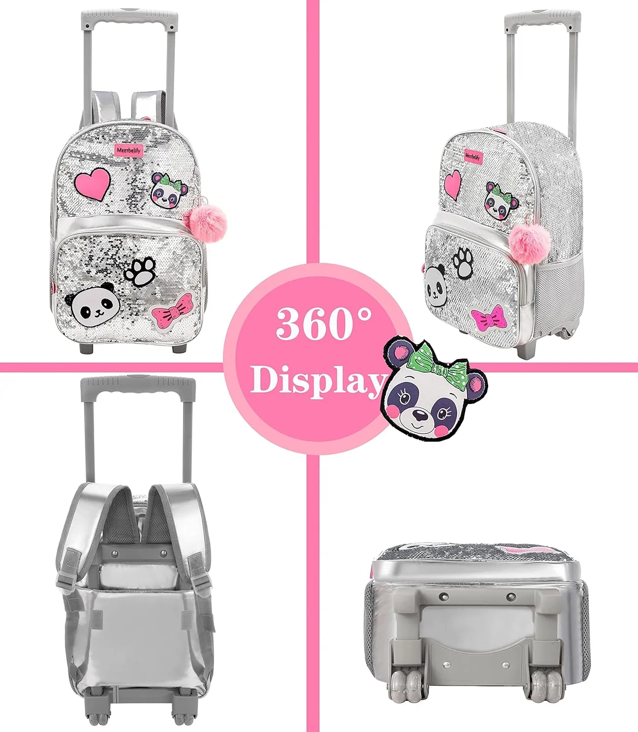 Meetbelify Girls Rolling Backpack Sequin Rolling Backpacks with Wheels for Girls for Elementary School Bag