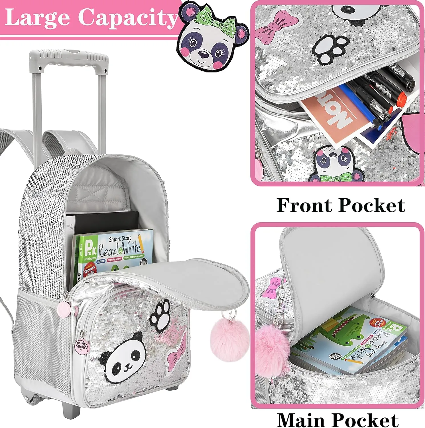 Meetbelify Girls Rolling Backpack Sequin Rolling Backpacks with Wheels for Girls for Elementary School Bag