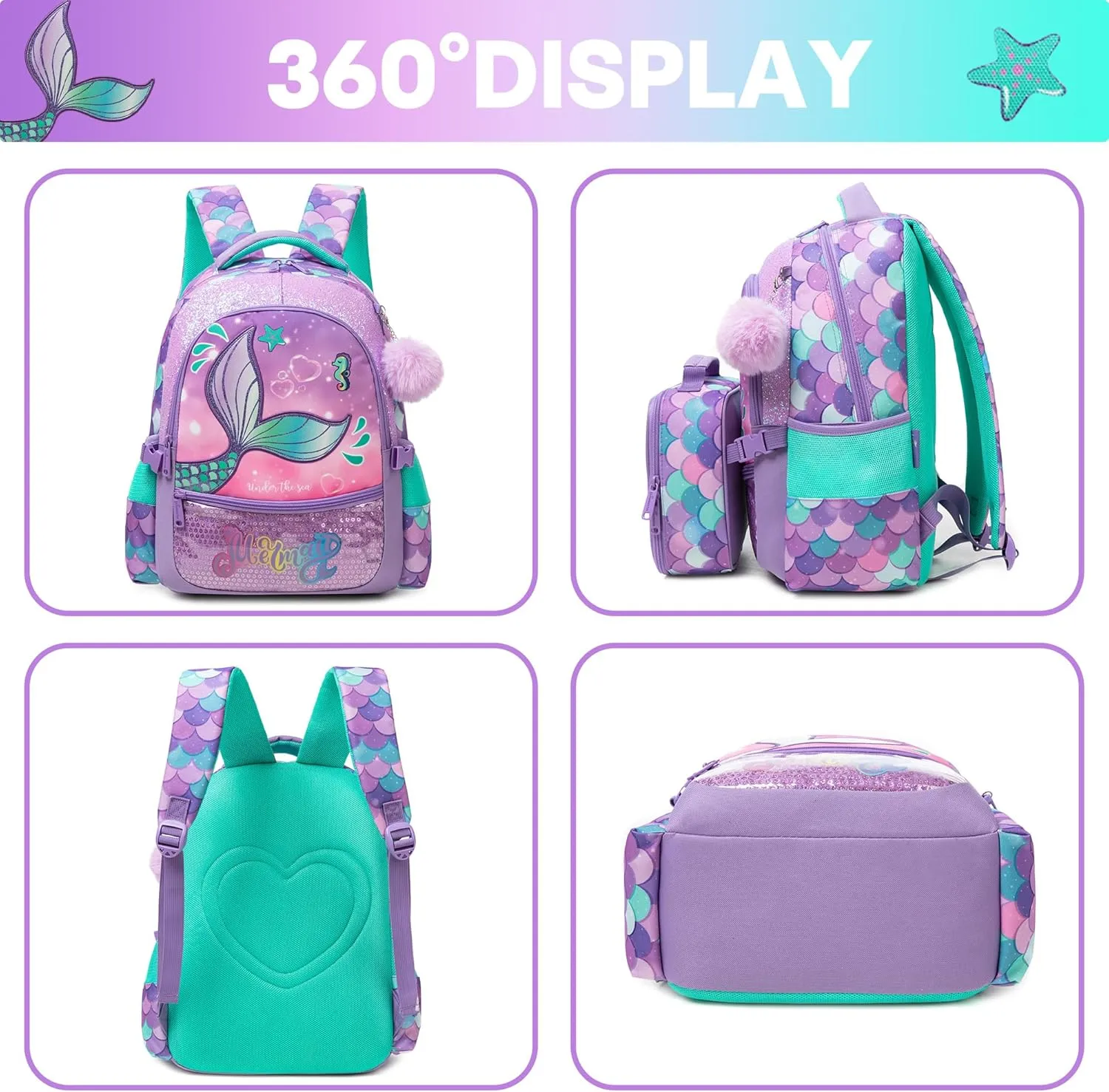 Meetbelify Mermaid Backpacks for Girls School Bag Cute Girls Backpacks Ages 8-10 with Lunch Box Kids Bookbag Set Travel Backpack for Elementary Students Backpack to School Supplies