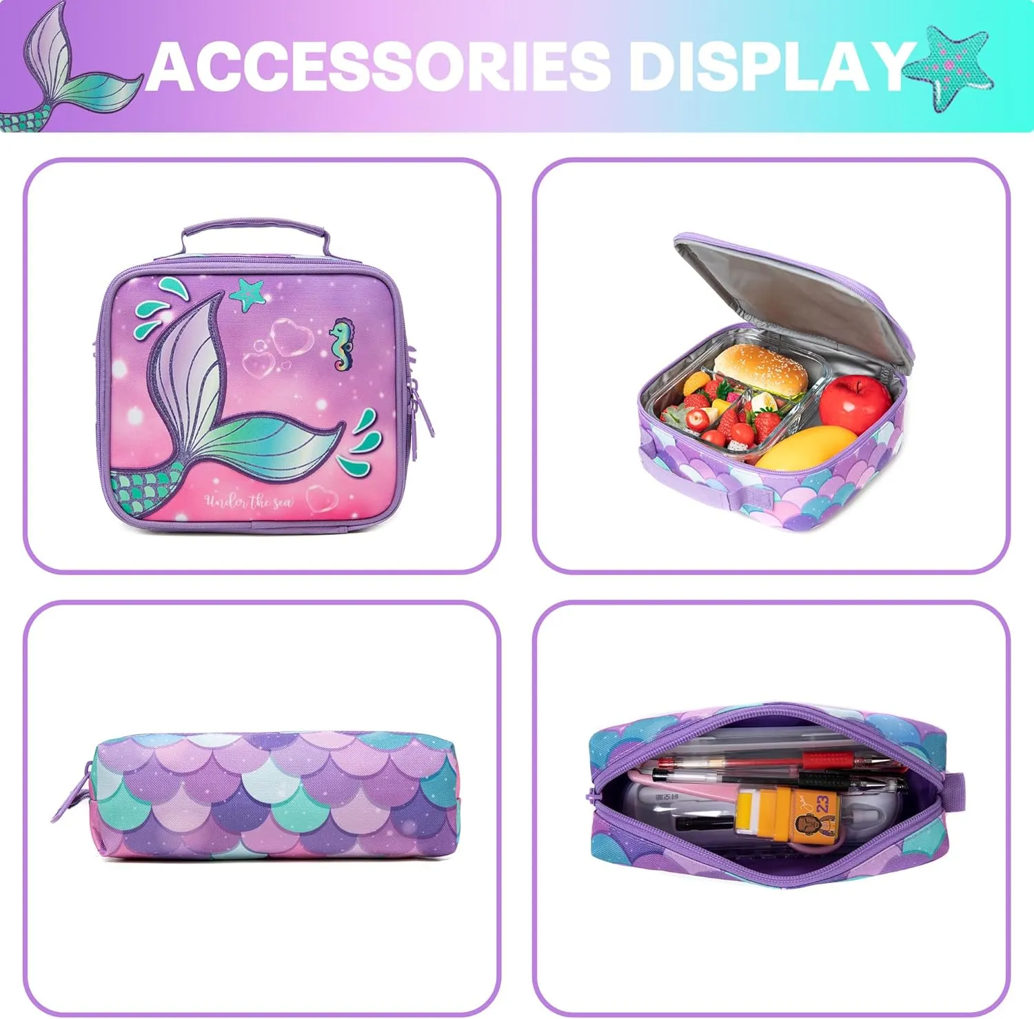 Meetbelify Mermaid Backpacks for Girls School Bag Cute Girls Backpacks Ages 8-10 with Lunch Box Kids Bookbag Set Travel Backpack for Elementary Students Backpack to School Supplies