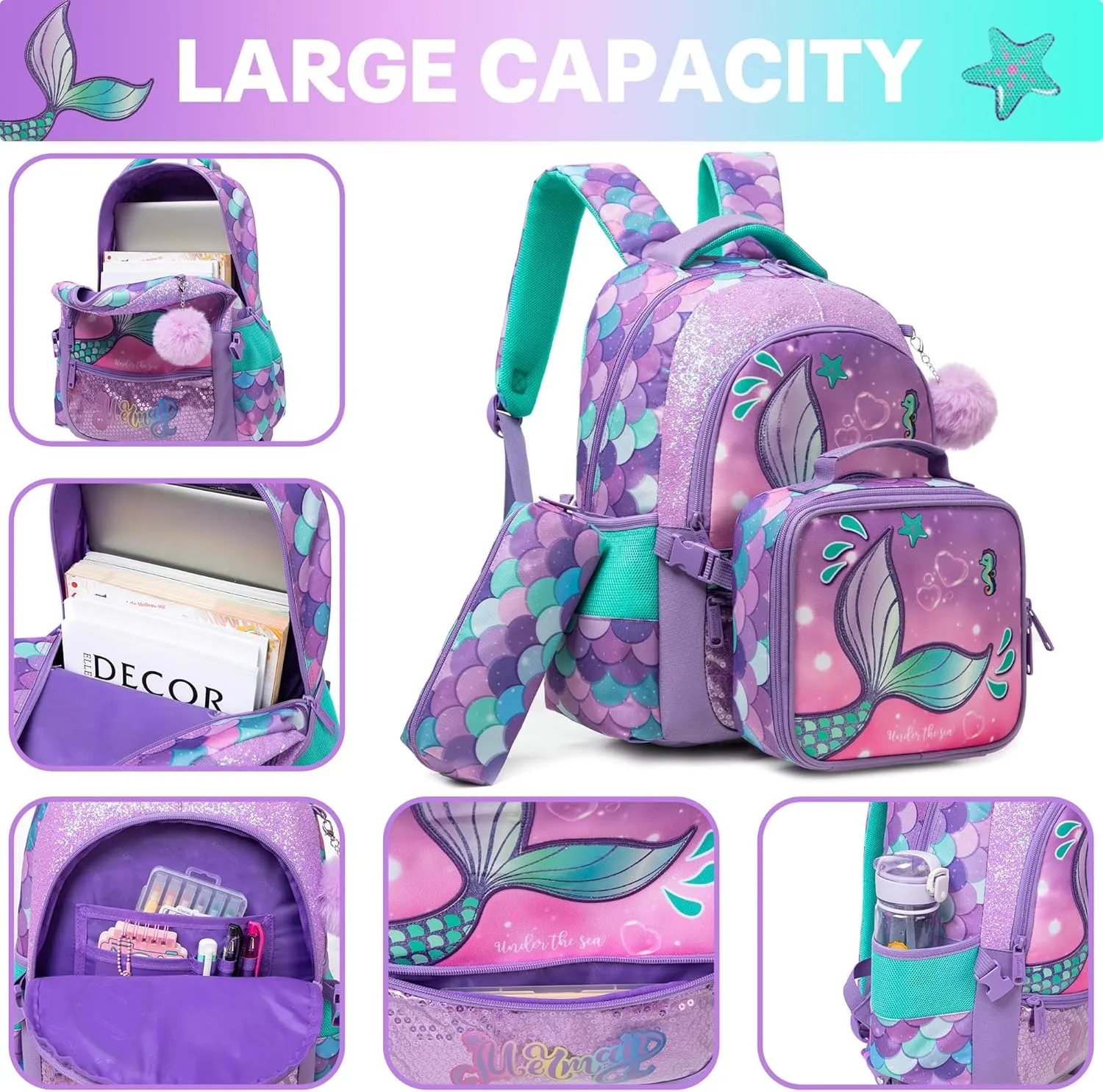 Meetbelify Mermaid Backpacks for Girls School Bag Cute Girls Backpacks Ages 8-10 with Lunch Box Kids Bookbag Set Travel Backpack for Elementary Students Backpack to School Supplies