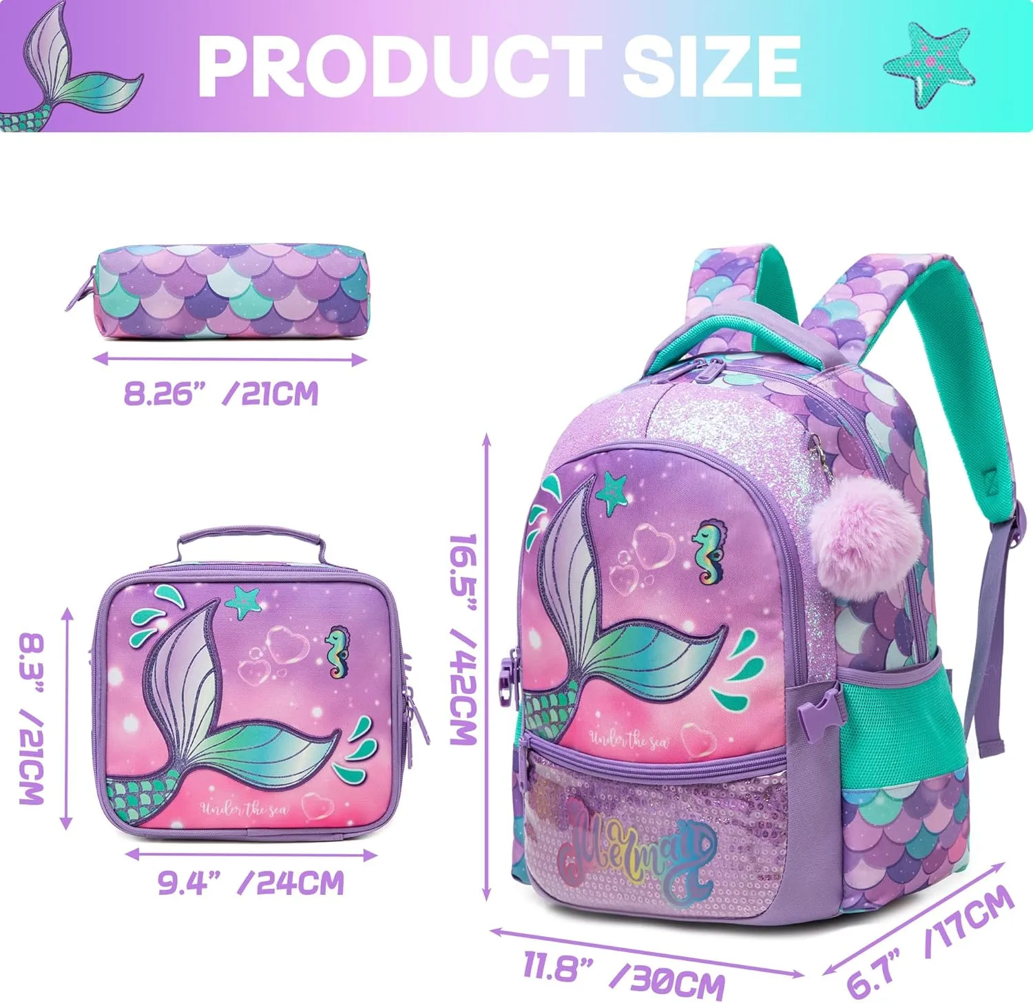 Meetbelify Mermaid Backpacks for Girls School Bag Cute Girls Backpacks Ages 8-10 with Lunch Box Kids Bookbag Set Travel Backpack for Elementary Students Backpack to School Supplies