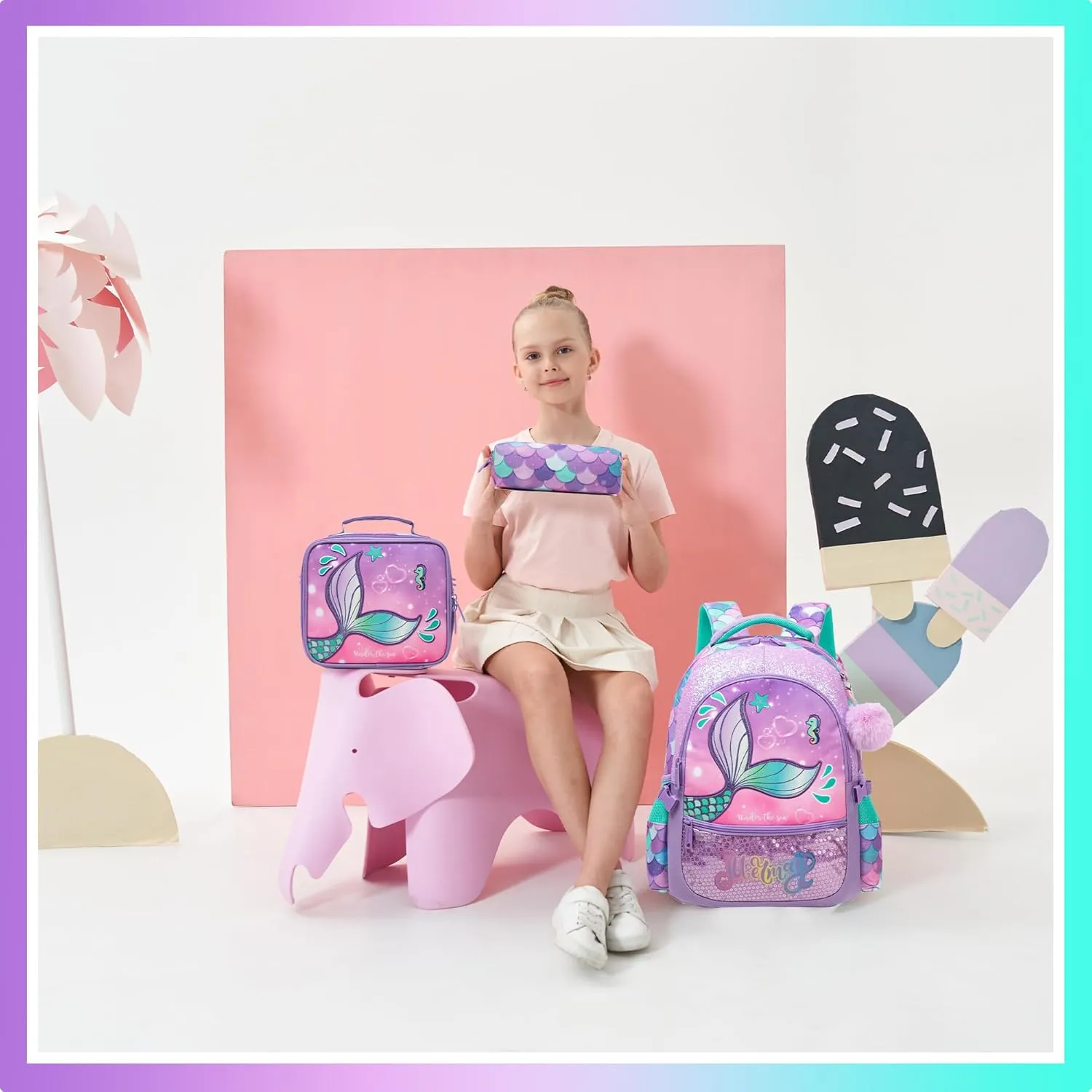 Meetbelify Mermaid Backpacks for Girls School Bag Cute Girls Backpacks Ages 8-10 with Lunch Box Kids Bookbag Set Travel Backpack for Elementary Students Backpack to School Supplies