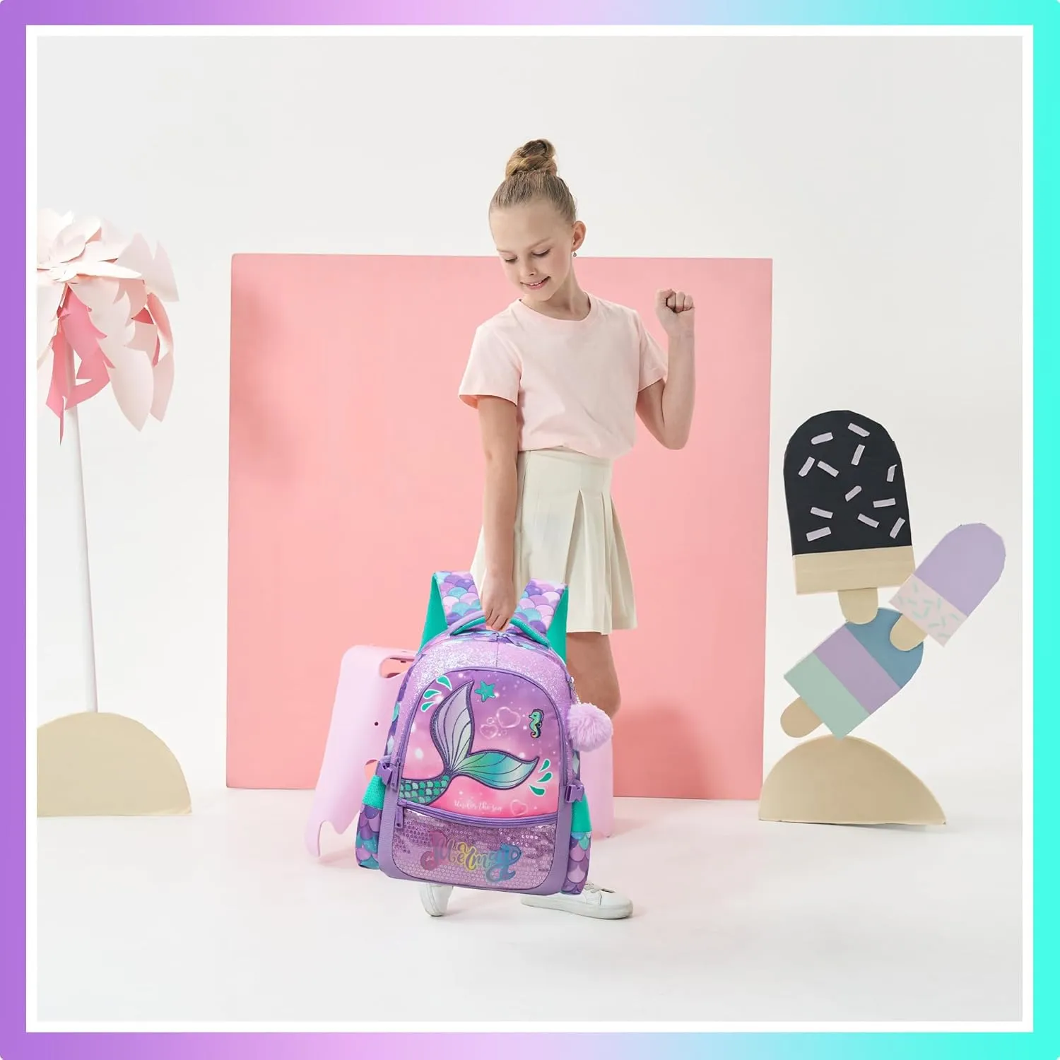 Meetbelify Mermaid Backpacks for Girls School Bag Cute Girls Backpacks Ages 8-10 with Lunch Box Kids Bookbag Set Travel Backpack for Elementary Students Backpack to School Supplies