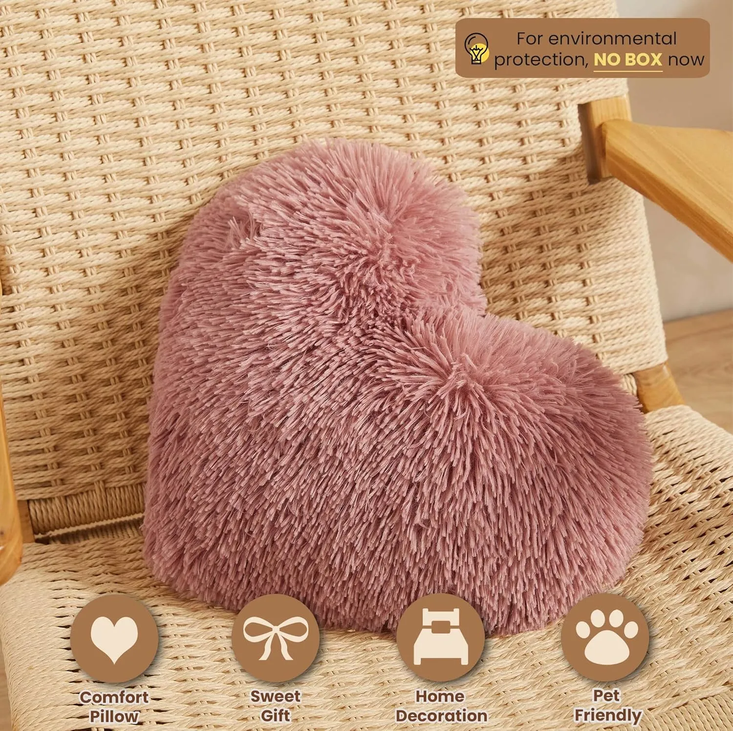 MEGO Fluffy Heart Pillow, Faux Fur Decorative Throw Pillow, Plush Shaggy Heart Shaped Pillow w Insert&Cover, Cute Furry Throw Pillows for Couch Bed Sofa Kid Girls Women, Old Pink