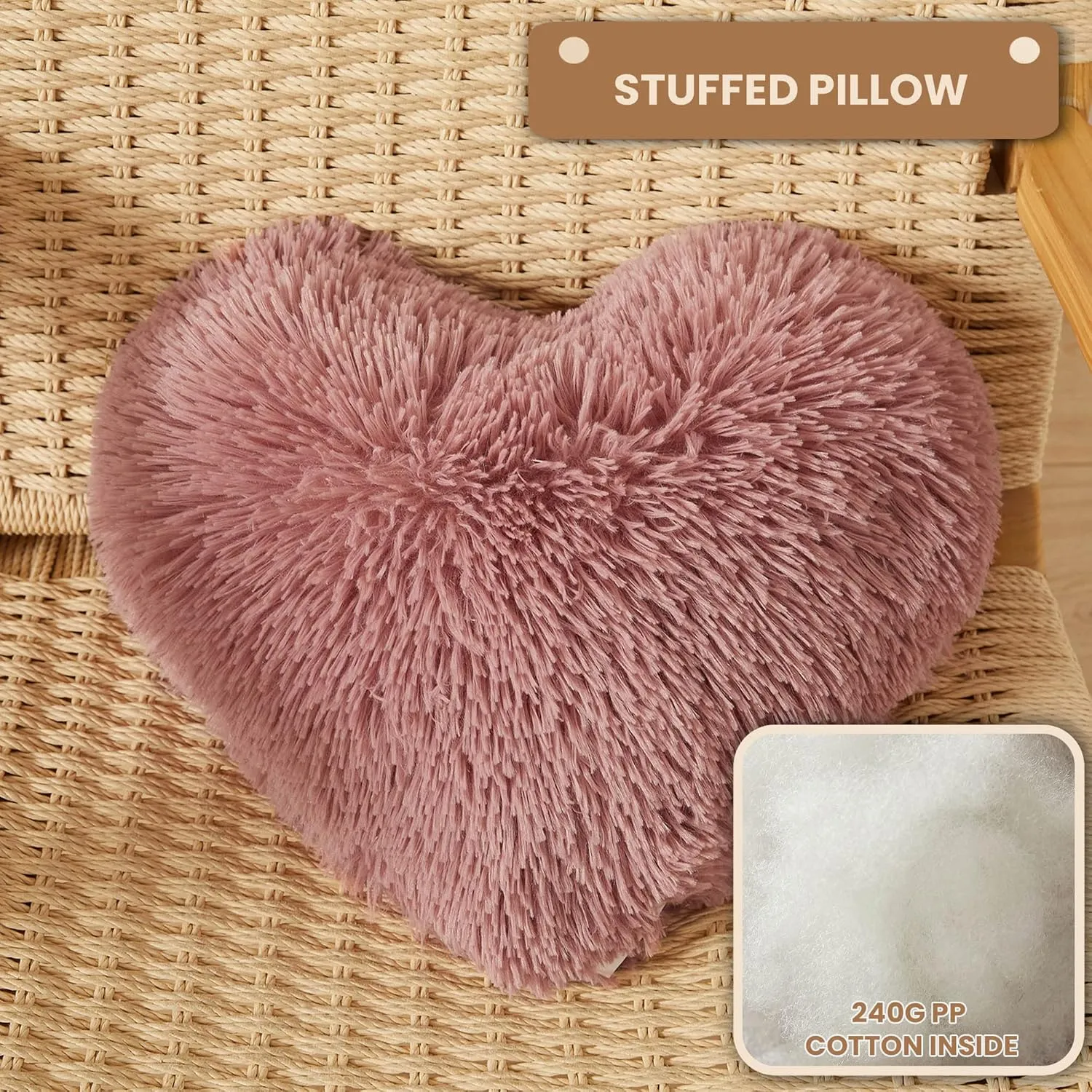 MEGO Fluffy Heart Pillow, Faux Fur Decorative Throw Pillow, Plush Shaggy Heart Shaped Pillow w Insert&Cover, Cute Furry Throw Pillows for Couch Bed Sofa Kid Girls Women, Old Pink