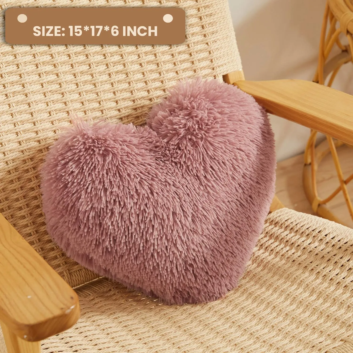 MEGO Fluffy Heart Pillow, Faux Fur Decorative Throw Pillow, Plush Shaggy Heart Shaped Pillow w Insert&Cover, Cute Furry Throw Pillows for Couch Bed Sofa Kid Girls Women, Old Pink