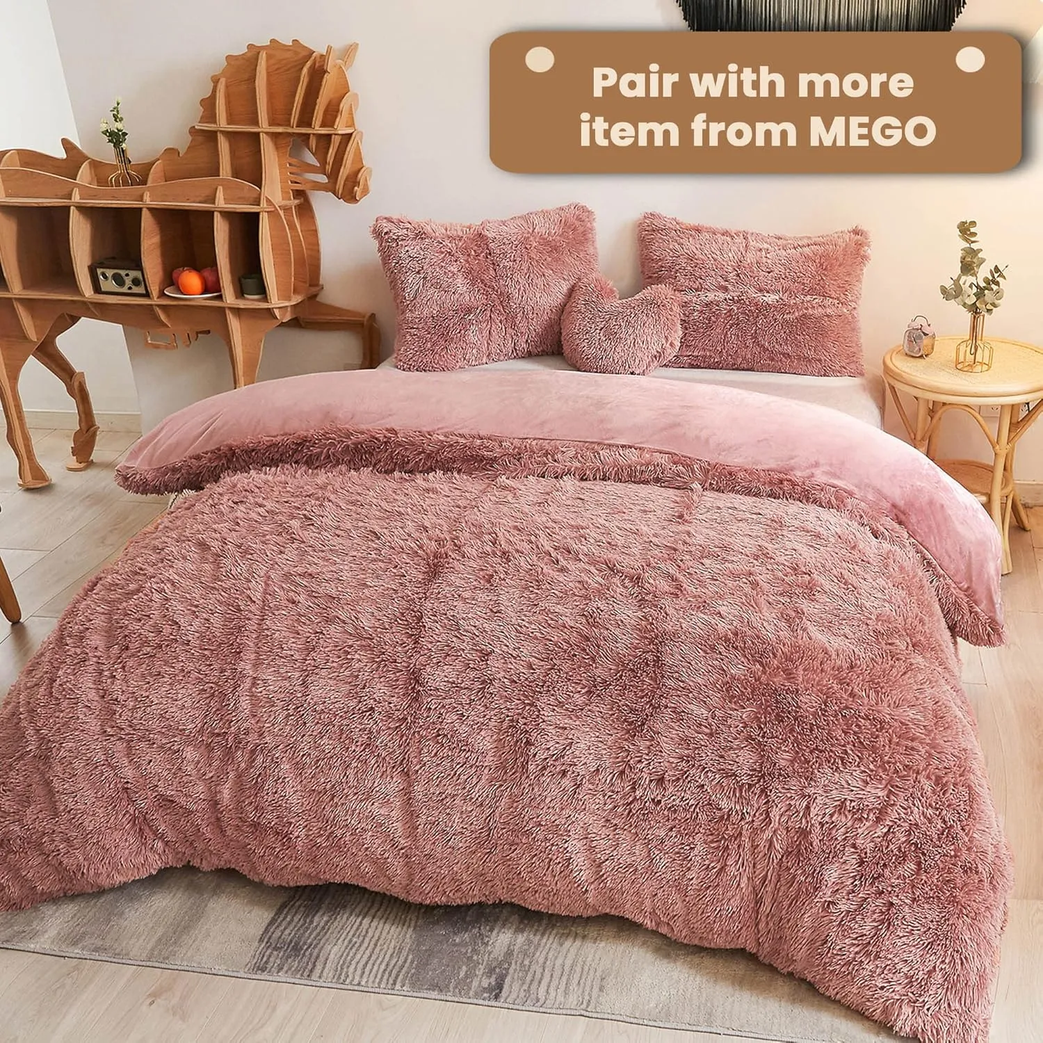 MEGO Fluffy Heart Pillow, Faux Fur Decorative Throw Pillow, Plush Shaggy Heart Shaped Pillow w Insert&Cover, Cute Furry Throw Pillows for Couch Bed Sofa Kid Girls Women, Old Pink