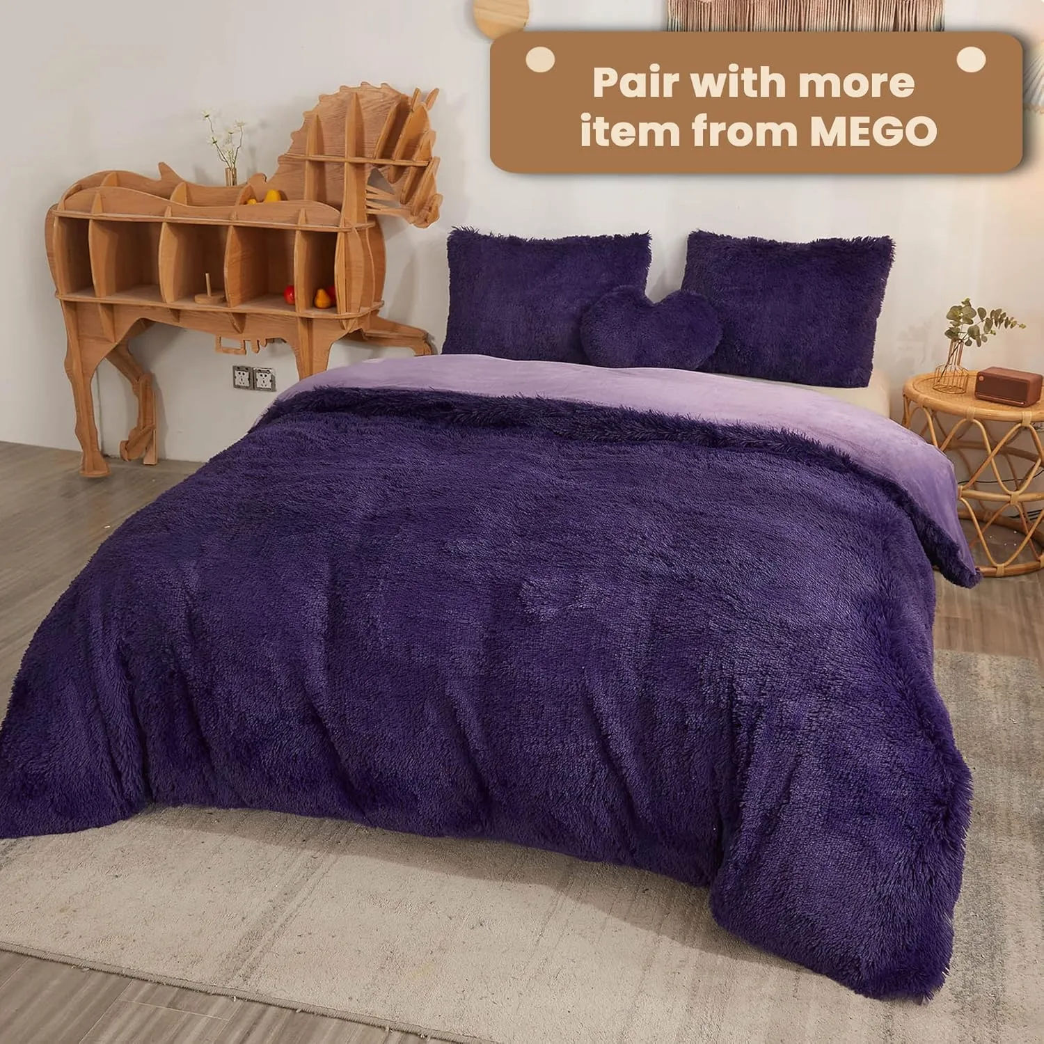 MEGO Fluffy Heart Pillow, Faux Fur Decorative Throw Pillow, Plush Shaggy Heart Shaped Pillow with Insert&Cover, Cute Furry Throw Pillows for Couch Bed Sofa Kid Girls Women, Purple