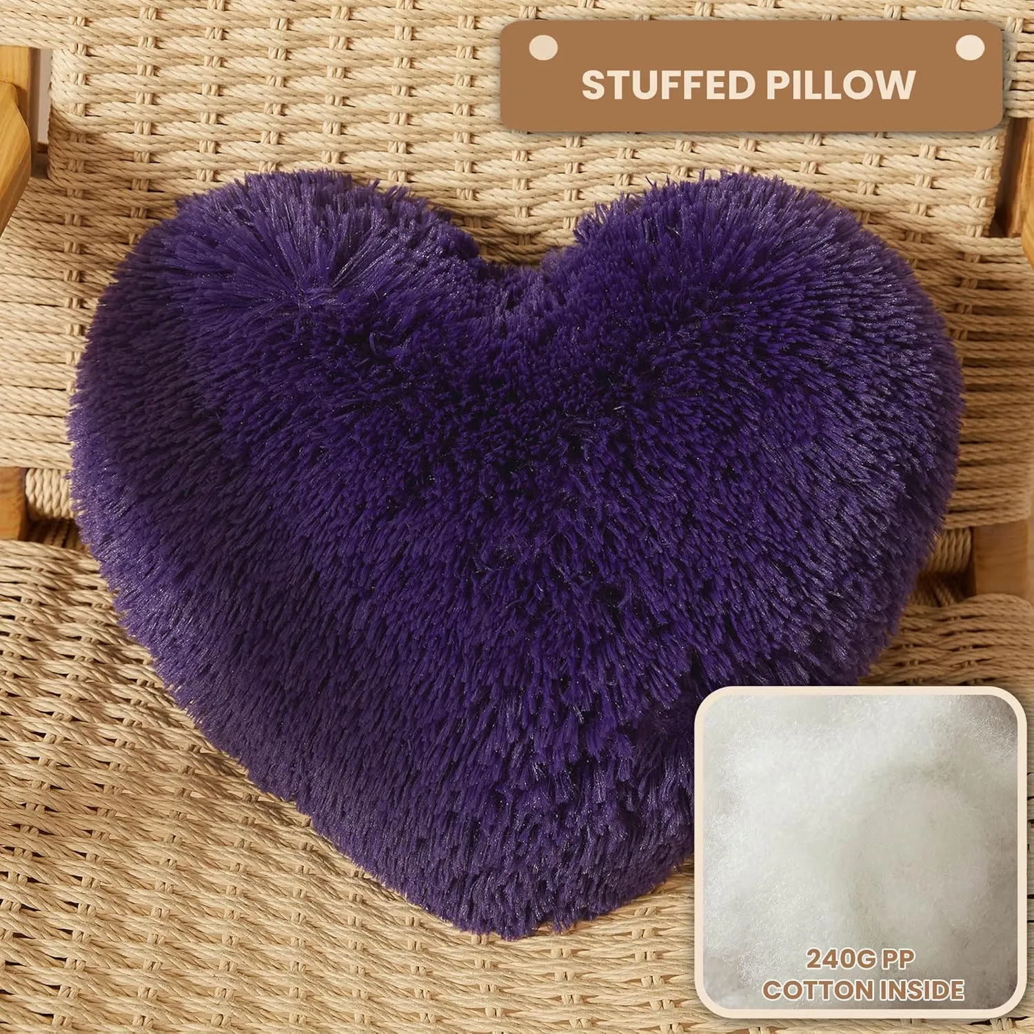 MEGO Fluffy Heart Pillow, Faux Fur Decorative Throw Pillow, Plush Shaggy Heart Shaped Pillow with Insert&Cover, Cute Furry Throw Pillows for Couch Bed Sofa Kid Girls Women, Purple