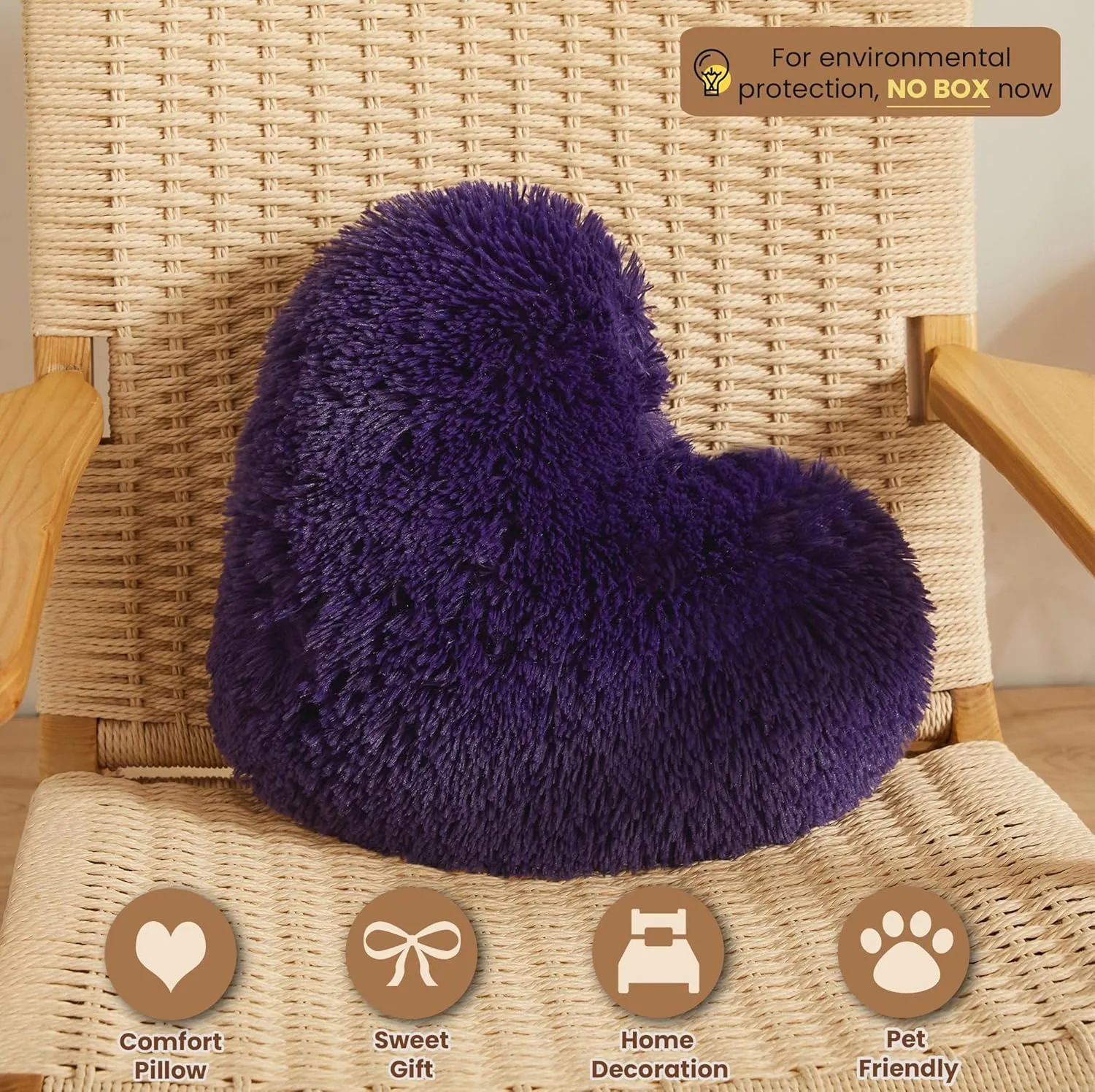 MEGO Fluffy Heart Pillow, Faux Fur Decorative Throw Pillow, Plush Shaggy Heart Shaped Pillow with Insert&Cover, Cute Furry Throw Pillows for Couch Bed Sofa Kid Girls Women, Purple