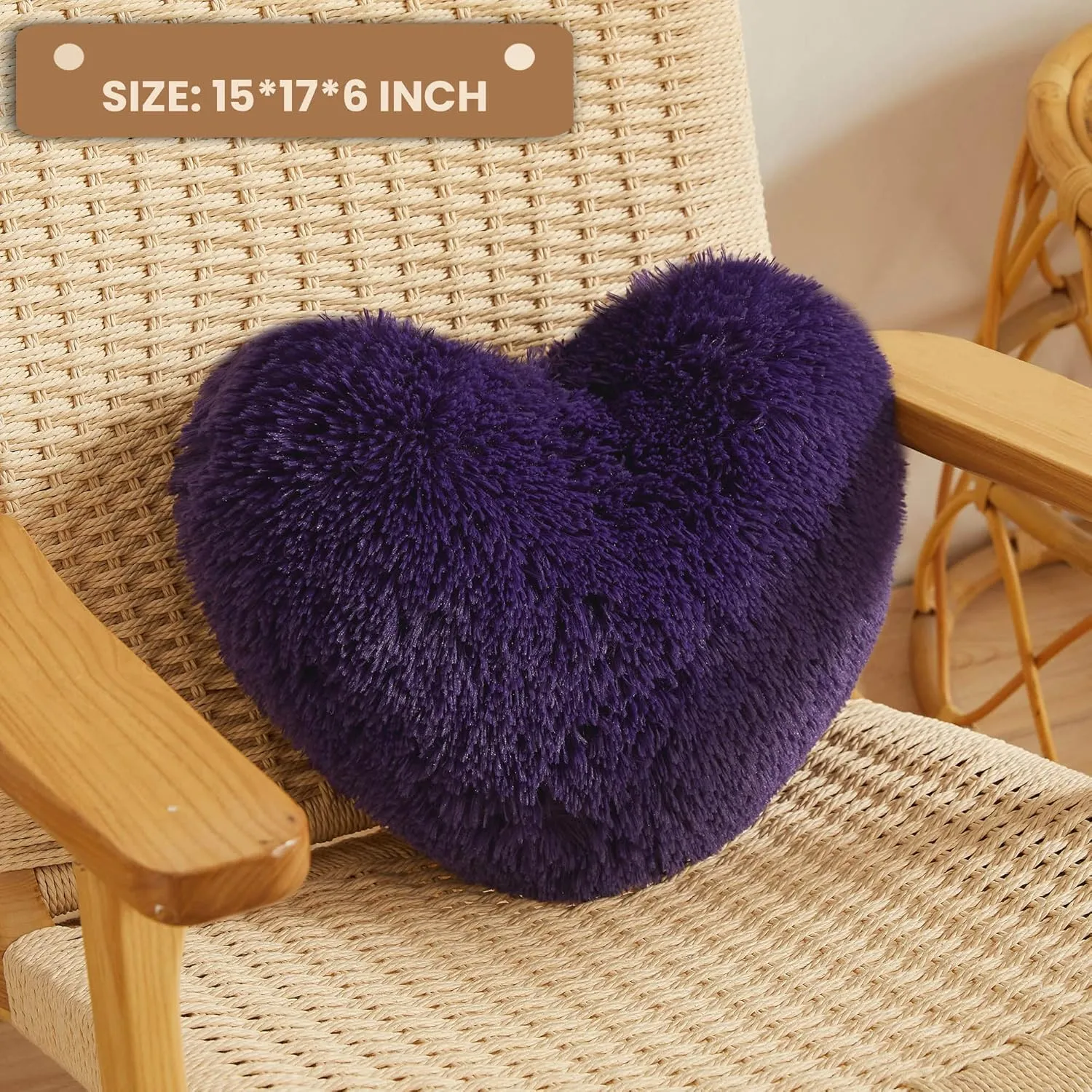 MEGO Fluffy Heart Pillow, Faux Fur Decorative Throw Pillow, Plush Shaggy Heart Shaped Pillow with Insert&Cover, Cute Furry Throw Pillows for Couch Bed Sofa Kid Girls Women, Purple