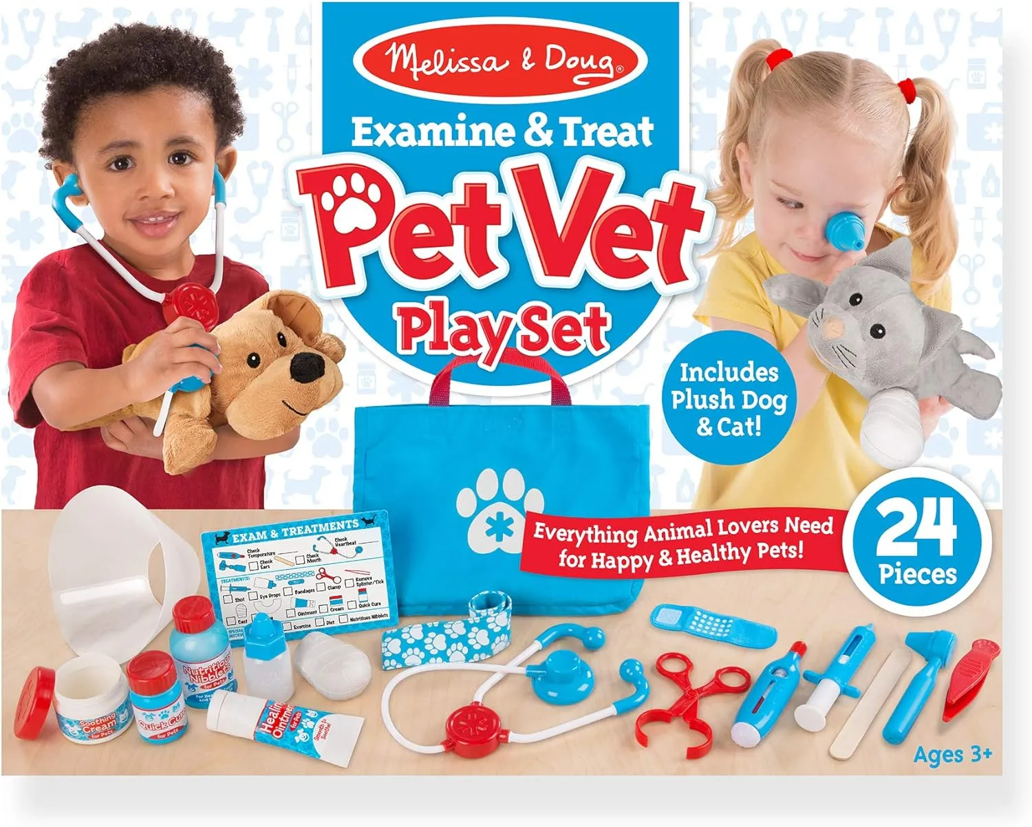 Melissa & Doug Examine and Treat Pet Vet Play Set (24 pcs) - Kids Veterinary Play Set, Veterinarian Kit For Kids, STEAM Toy, Pretend Play Doctor Set For Kids Ages 3 