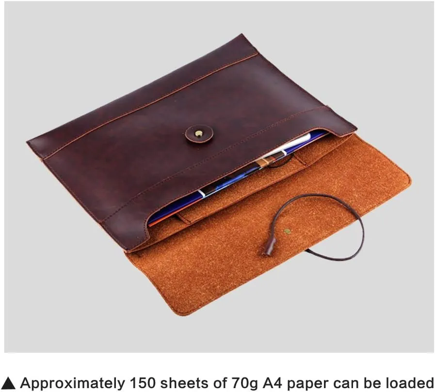 men woman pu leather multifunction office documents bags A4 paper file pouch envelope bag conference, Brown, 13.8"(L)x9.8"(H) x 0.2"(W)