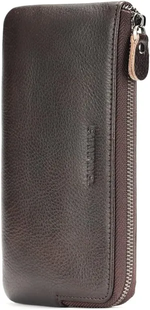 Mens Genuine Leather Zipper Wallet There are 6 bank cards inside the mobile phone bag and 1 card slot on the surface (Coffee)