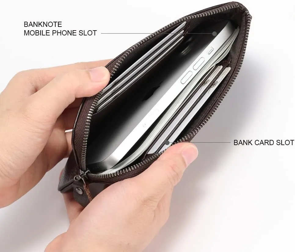 Mens Genuine Leather Zipper Wallet There are 6 bank cards inside the mobile phone bag and 1 card slot on the surface (Coffee)