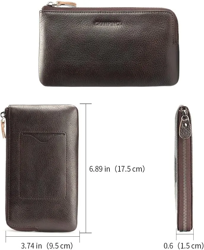 Mens Genuine Leather Zipper Wallet There are 6 bank cards inside the mobile phone bag and 1 card slot on the surface (Coffee)