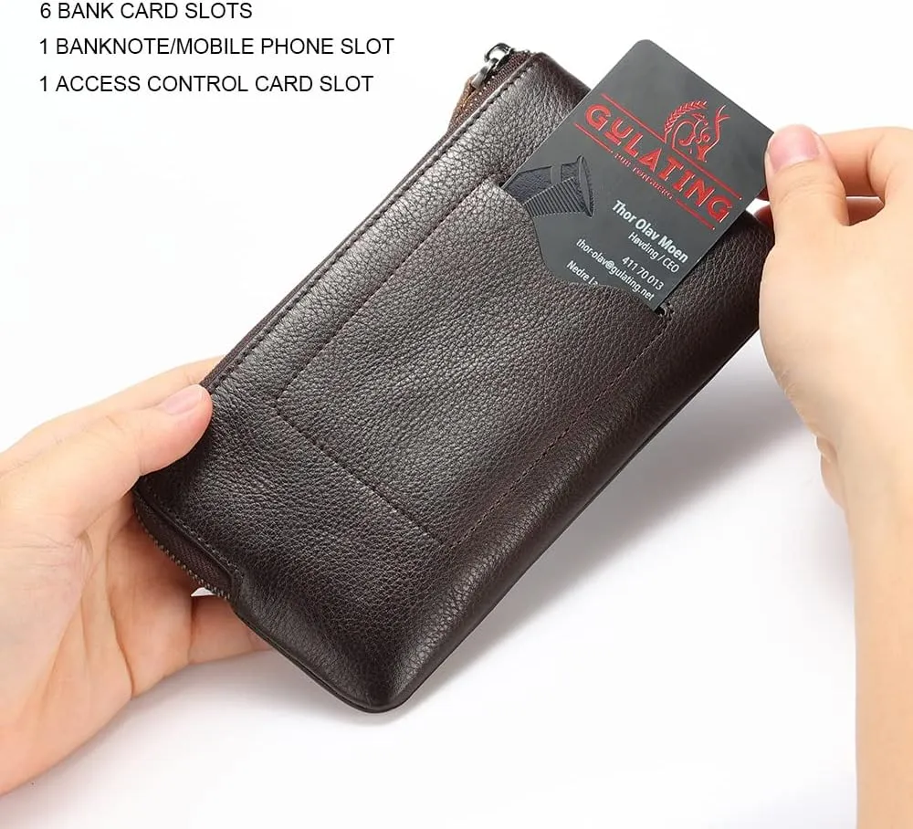 Mens Genuine Leather Zipper Wallet There are 6 bank cards inside the mobile phone bag and 1 card slot on the surface (Coffee)