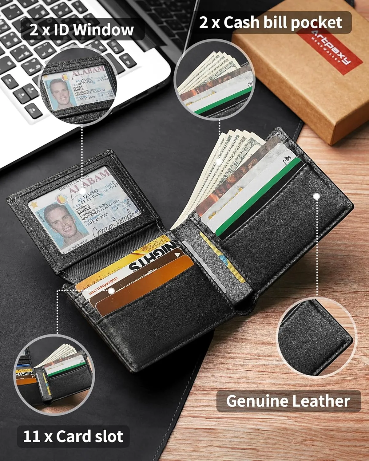 Mens Wallet Genuine Leather Bifold RFID Blocking Wallet for Men with 2 ID Windows 11 Card Holders 2 cash pockets 1 Gift Box