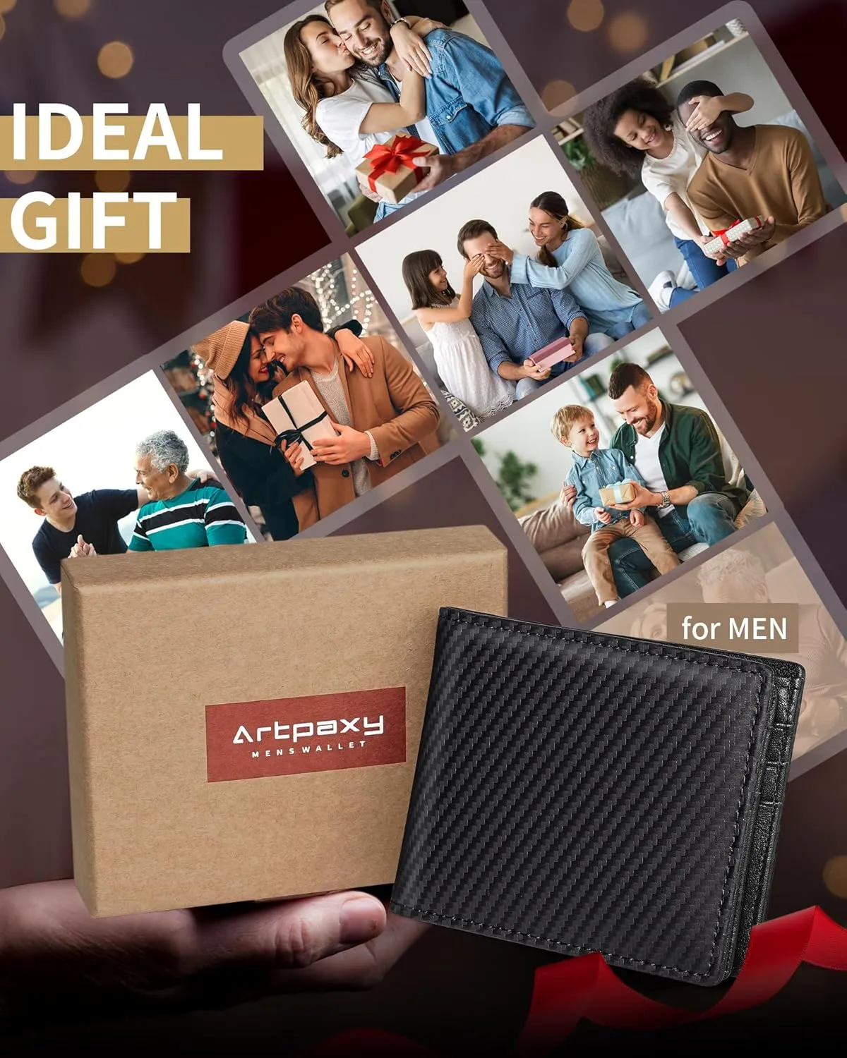 Mens Wallet Genuine Leather Bifold RFID Blocking Wallet for Men with 2 ID Windows 11 Card Holders 2 cash pockets 1 Gift Box