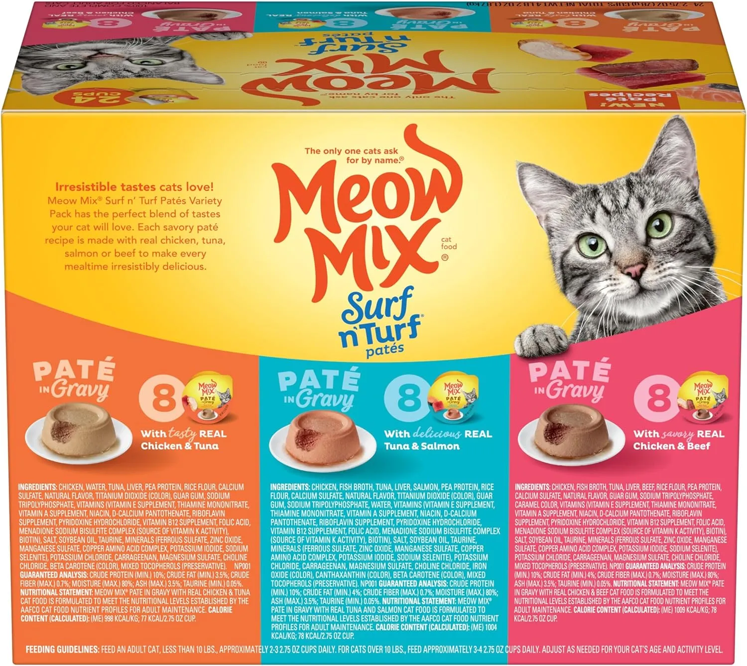 Meow Mix Paté in Gravy Wet Cat Food Variety Pack, Surf n’ Turf Patés 2.75 Ounce (Pack of 24)