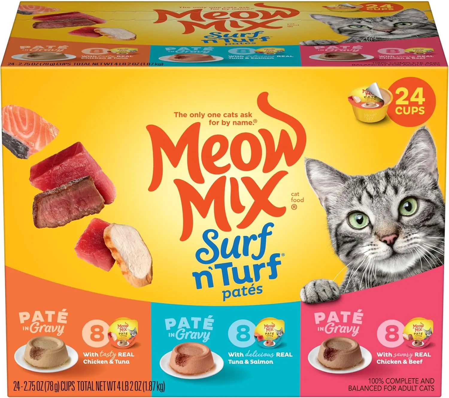 Meow Mix Paté in Gravy Wet Cat Food Variety Pack, Surf n’ Turf Patés 2.75 Ounce (Pack of 24)