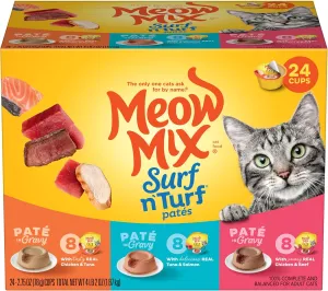 Meow Mix Paté in Gravy Wet Cat Food Variety Pack, Surf n’ Turf Patés 2.75 Ounce (Pack of 24)