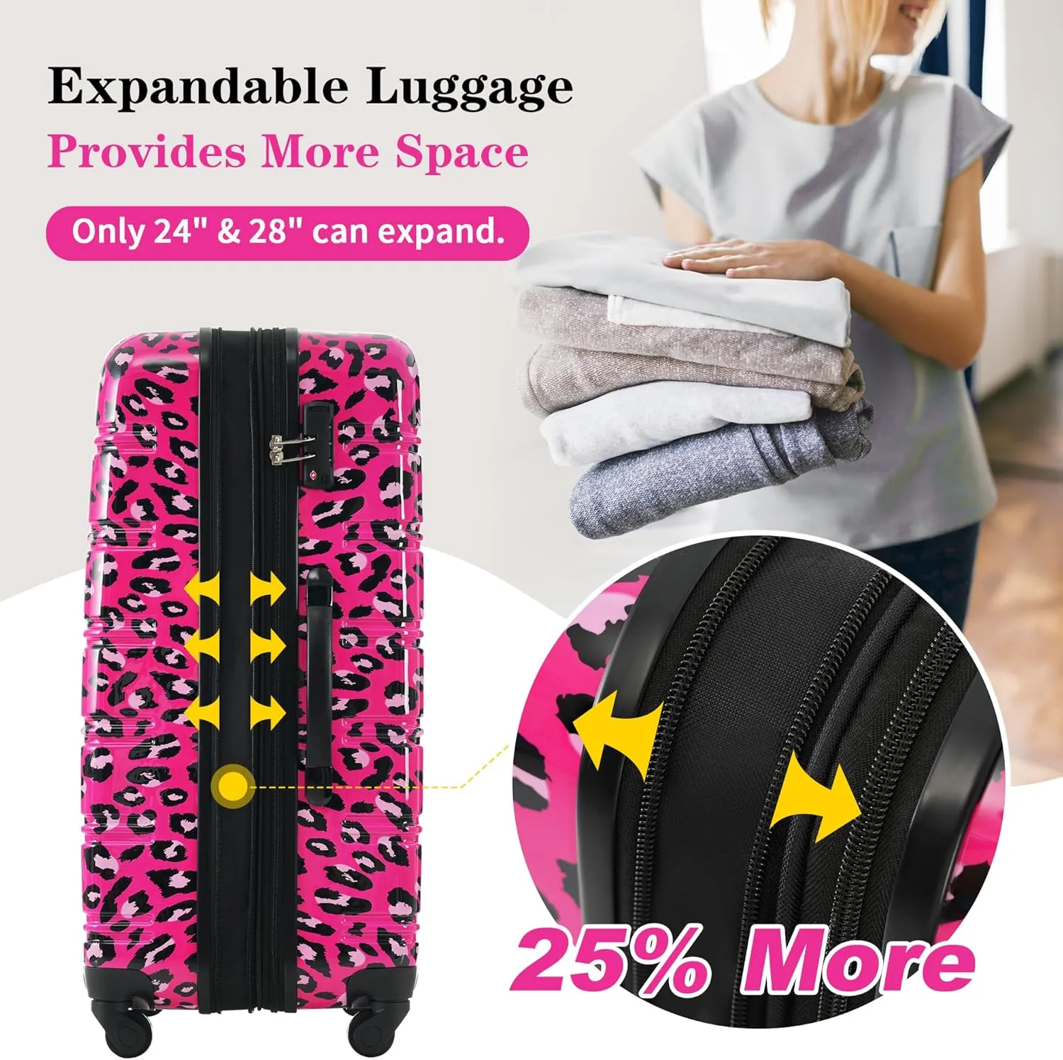 Merax 3 Piece Luggage Sets, Hardside Expandable Luggages Spinner Leopard Suitcase with TSA Lock Lightweight Rolling Carry on Luggage 20inch 24inch 28inch, Hot Pink Leopard