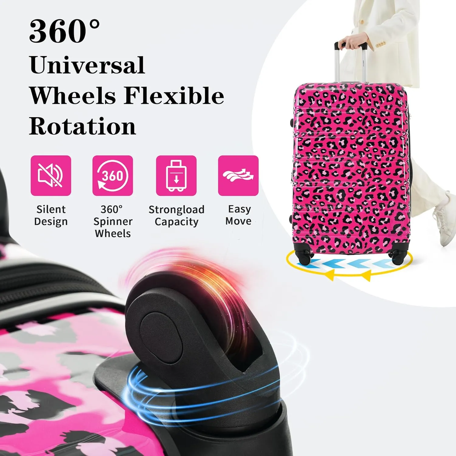 Merax 3 Piece Luggage Sets, Hardside Expandable Luggages Spinner Leopard Suitcase with TSA Lock Lightweight Rolling Carry on Luggage 20inch 24inch 28inch, Hot Pink Leopard