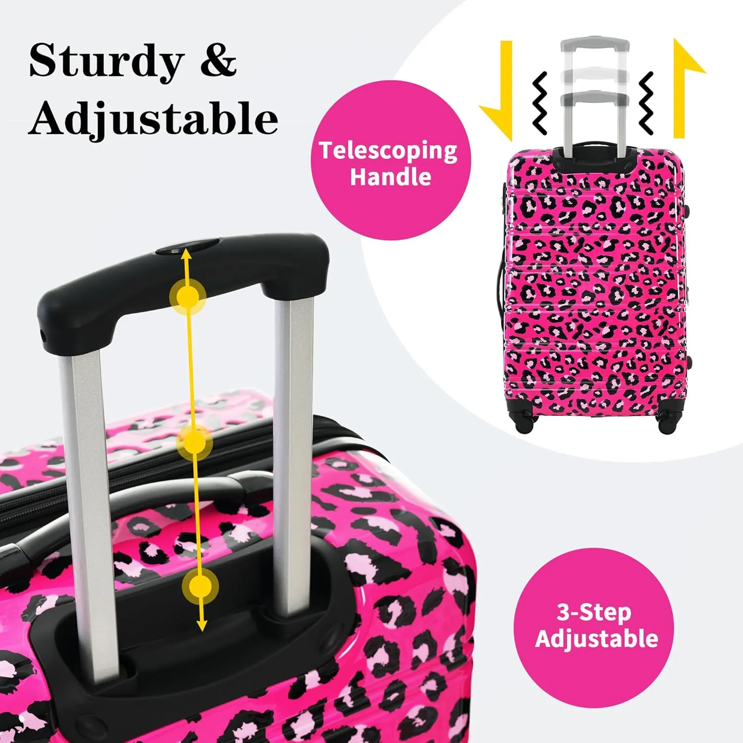 Merax 3 Piece Luggage Sets, Hardside Expandable Luggages Spinner Leopard Suitcase with TSA Lock Lightweight Rolling Carry on Luggage 20inch 24inch 28inch, Hot Pink Leopard