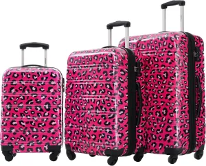 Merax 3 Piece Luggage Sets, Hardside Expandable Luggages Spinner Leopard Suitcase with TSA Lock Lightweight Rolling Carry on Luggage 20inch 24inch 28inch, Hot Pink Leopard