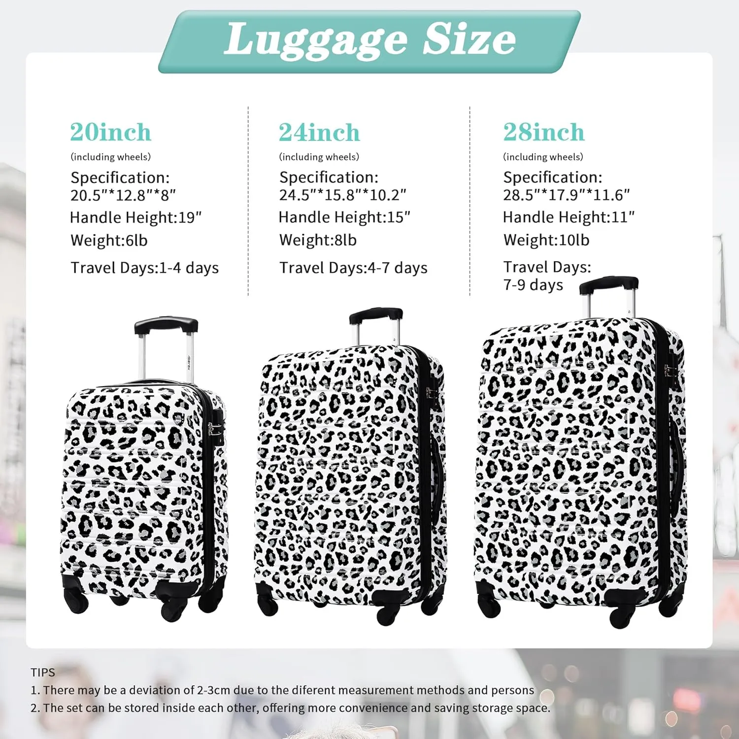Merax 3 Piece Luggage Sets, Hardside Expandable Luggages Spinner Leopard Suitcase with TSA Lock Lightweight Rolling Carry on Luggage 20inch 24inch 28inch,Black  White Leopard