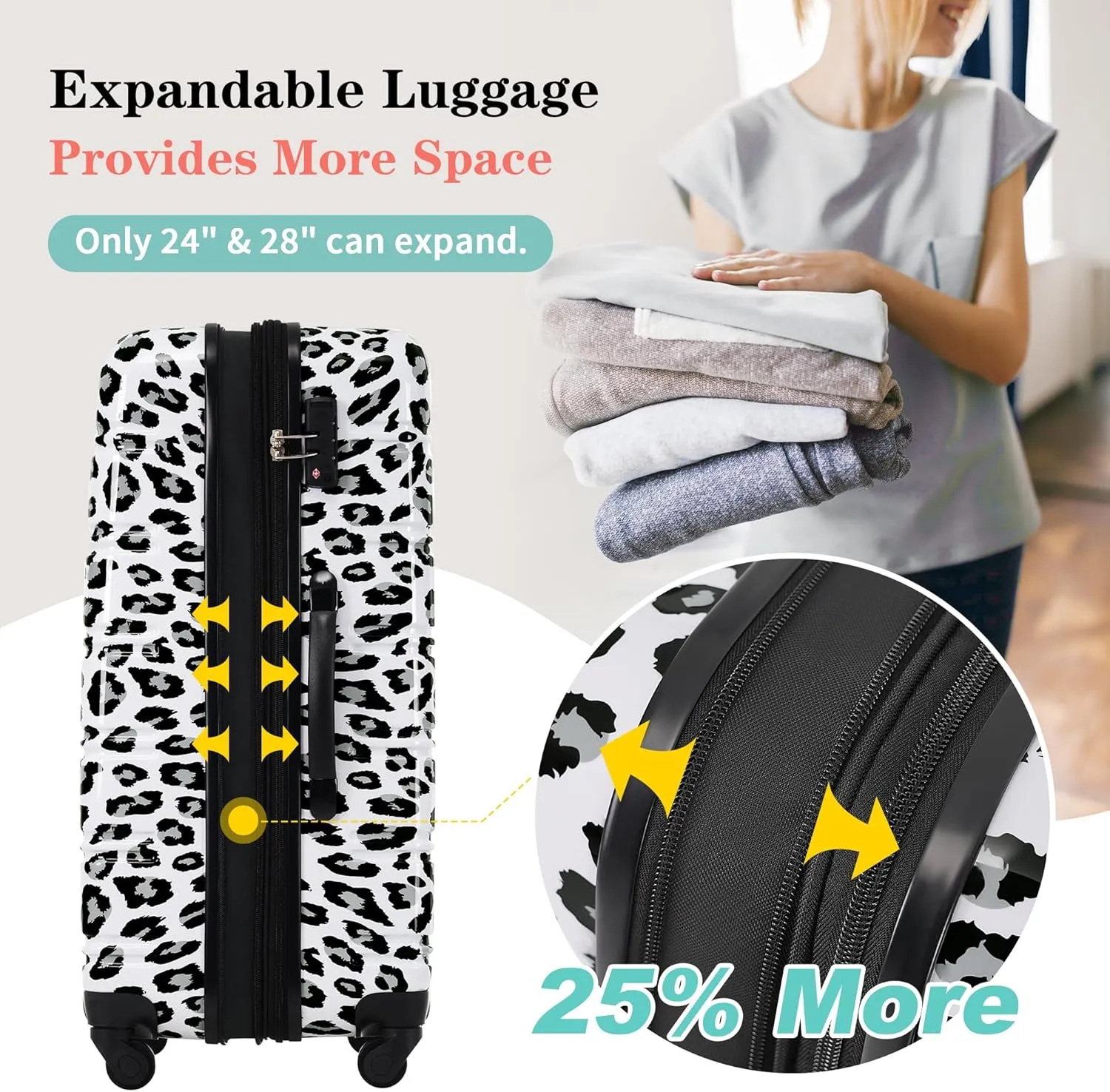 Merax 3 Piece Luggage Sets, Hardside Expandable Luggages Spinner Leopard Suitcase with TSA Lock Lightweight Rolling Carry on Luggage 20inch 24inch 28inch,Black  White Leopard