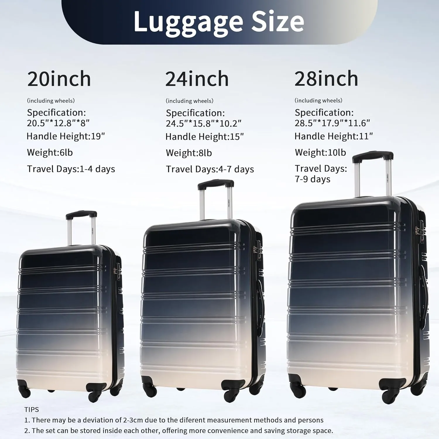 Merax 3 Piece Luggage Sets, Hardside Expandable Luggages Spinner Multicolor Suitcase with TSA Lock Lightweight Rolling Carry on Luggage 20inch 24inch 28inch,Gradient Black
