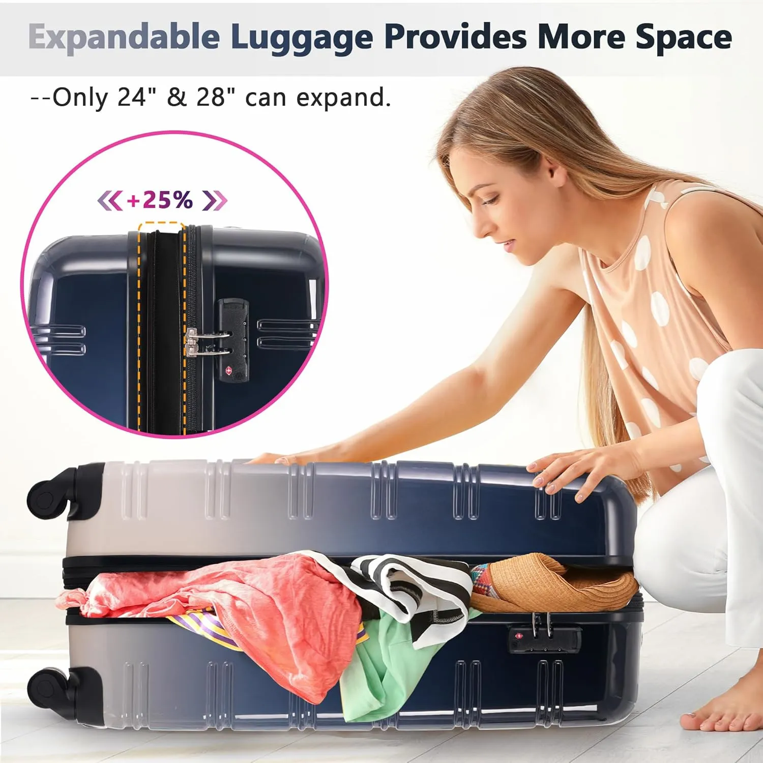 Merax 3 Piece Luggage Sets, Hardside Expandable Luggages Spinner Multicolor Suitcase with TSA Lock Lightweight Rolling Carry on Luggage 20inch 24inch 28inch,Gradient Black